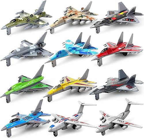 Paquete de 12 aviones de juguete, juguete de avión fundido a presión para niños pequeños de 1, 2, 3, 4, 5, 6, modelo de aviones militares de