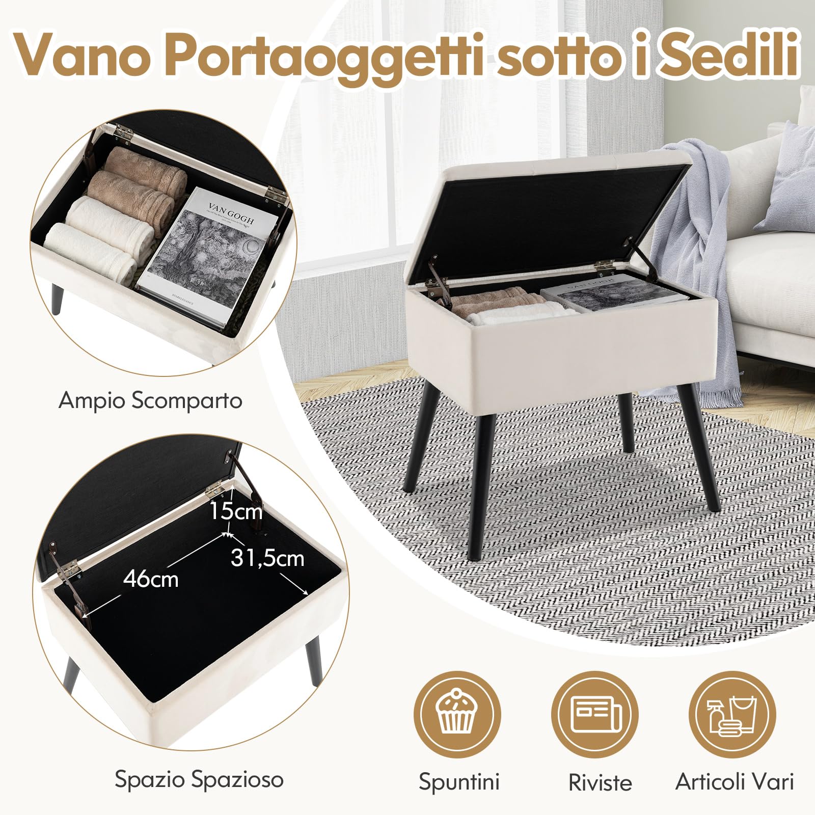 COSTWAY Sgabello Contenitore, Pouf Sgabello Ottoman, Poggiapiedi Moderno da Trucco, con Gambe in Legno Massello & Seduta Imbottita, Portata 150 kg, 49,5 x 35 x 46,5 cm (Beige)