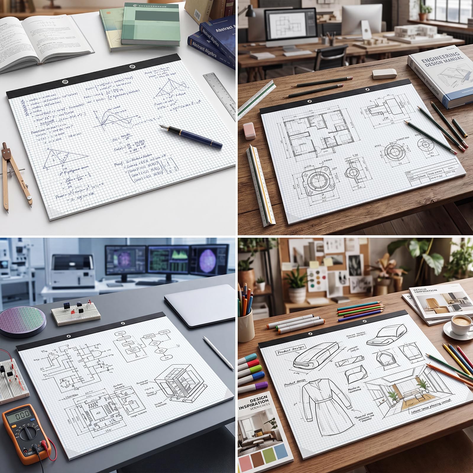 Thboxes Confezione da 2 fogli di carta a quadretti da 55,9 x 43,2 cm, 50 fogli 4 x 4 quad, a righe facili da strappare, blocco da disegno gigante, per ufficio, scuola, ingegnere, architetto