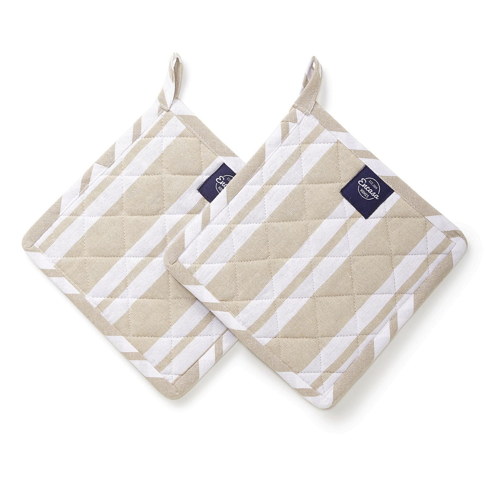 Encasa XO 21 cm Oven Microwave Potholders (2 pc Set) for Kitchen Cooking & Baking - Heat Resistant, Thick & Safe, Protection of Hands from Hot Utensils - Franca Beige Stripes