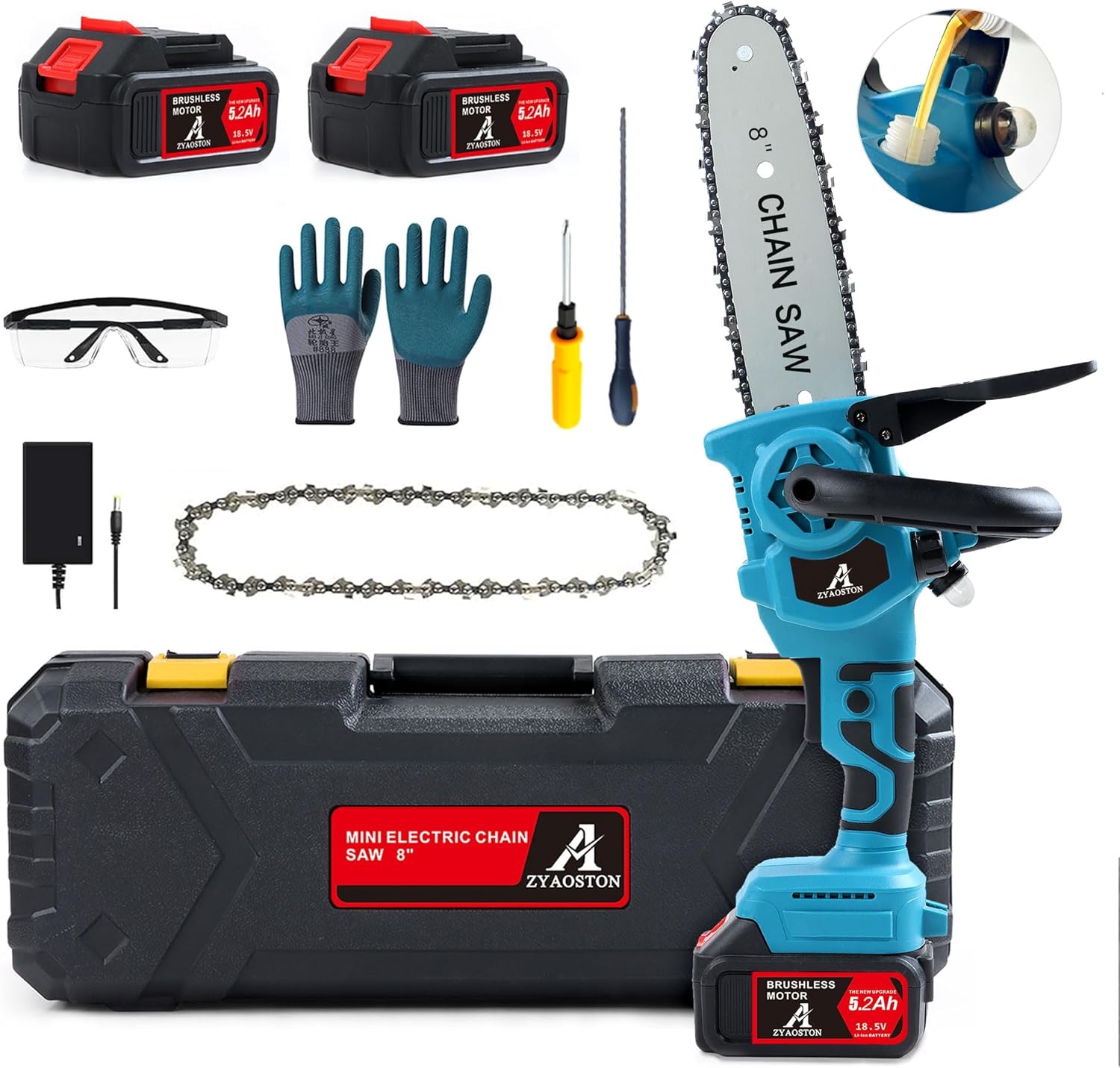 Mini Chainsaw Cordless 8 Inch with 2x 5200mAh Batteries, Portable Electric Chain Saw, Automatic Oiler, Battery Powered Small Handheld Saw,Trees Branches Trimming, Wood Cutting (Blue)