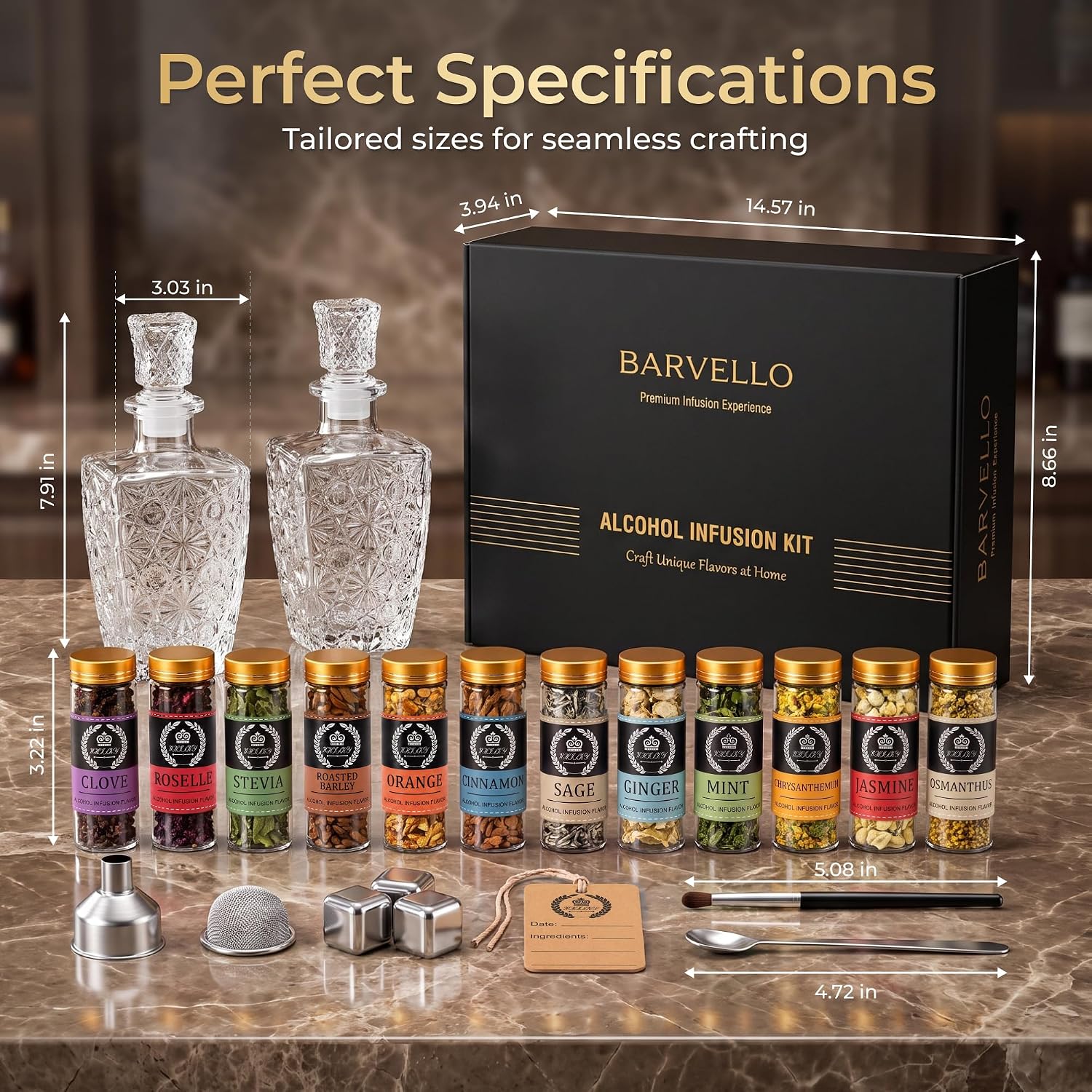 Alcohol Infusion Kit for Whiskey, Bourbon, Vodka, Gin, Rum & Tequila – DIY Spirit Infuser Gift Set with 12 Natural Botanicals, Glass Decanters & Stainless Steel Accessories