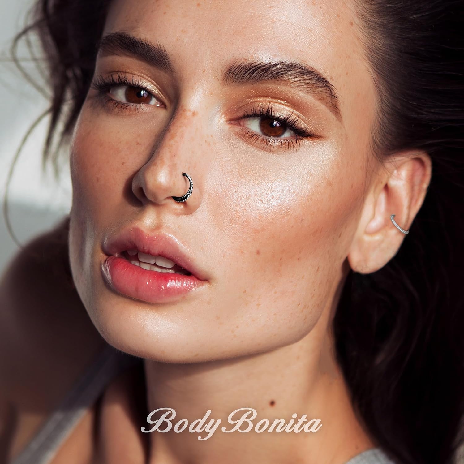 BodyBonita G23 Titanium Nose Rings Hoops - AB/Rainbow/Clear CZ Nose Piercings 16/18/20G Septum Rings Cartilage Helix Rook Tragus Lobe Daith Earrings Body Jewelry for Women Men 6/7/8/9/10/11/12mm
