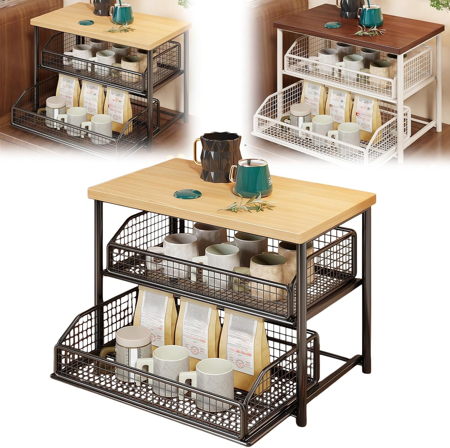 Kitchen Countertop Organizer with Drawer and Wire Basket, 2-Tier Hardwood Shelf, Sliding Drawer for Fruit Storage, Space-Saving Kitchen Pantry Organizer with Counter Shelf (C-Triple Layer)