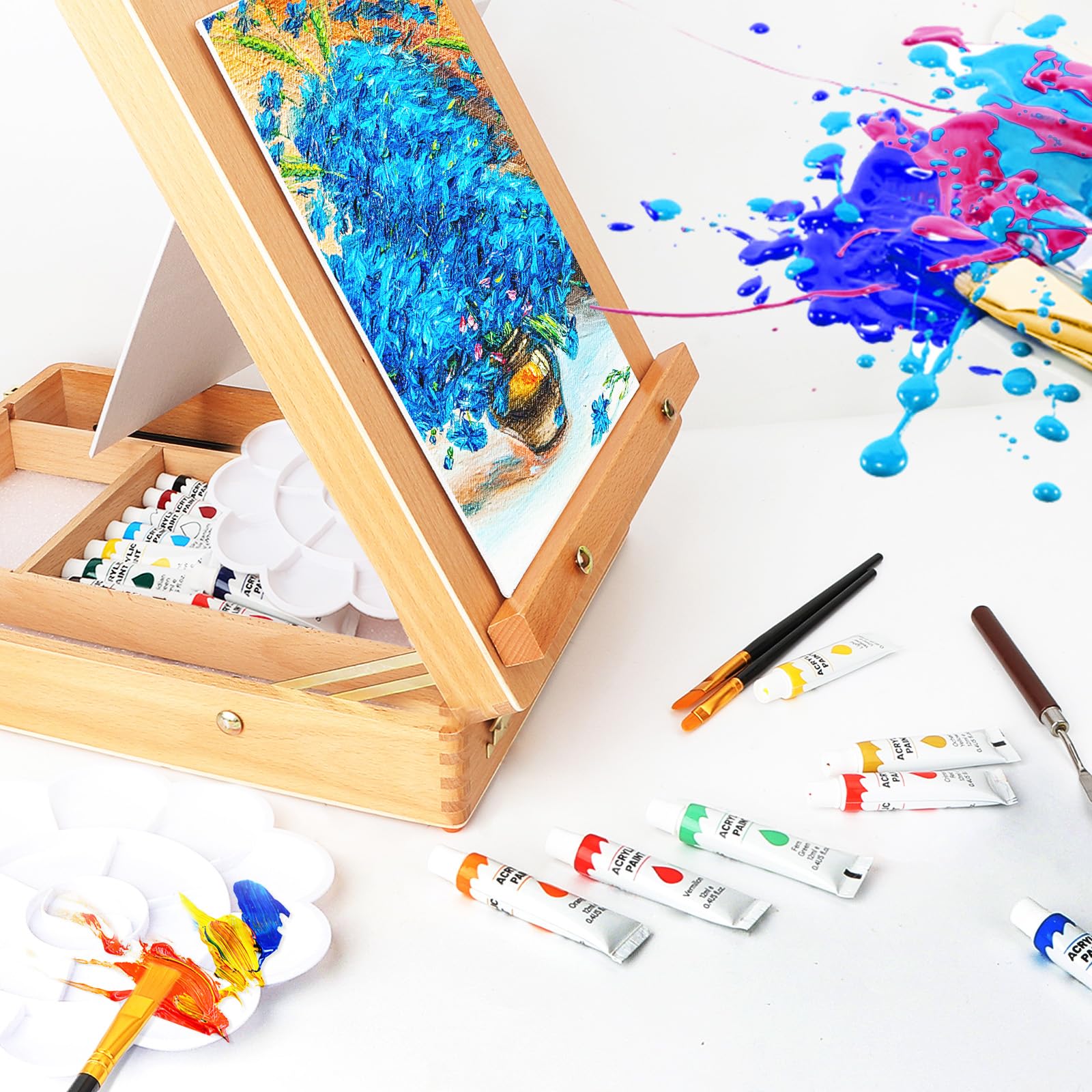 40 Piezas Kit de Pintura, Caballete de Mesa con 24 Colores Tubos de Pintura Acrilica, 3 Paneles de Lienzo, 1 Paleta, 10 Pinceles, Set de Pintura para Artistas Adultos y Principiantes