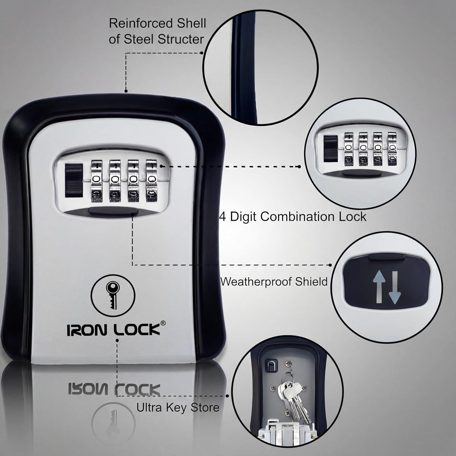Iron Lock® Key Lock Box Wall Mount – Medium Waterproof Heavy-Duty Metal Safe with 4-Digit Combination for Outdoor Access, Home Entry, Office Security, Rentals & Airbnb Use (Grey, Medium)