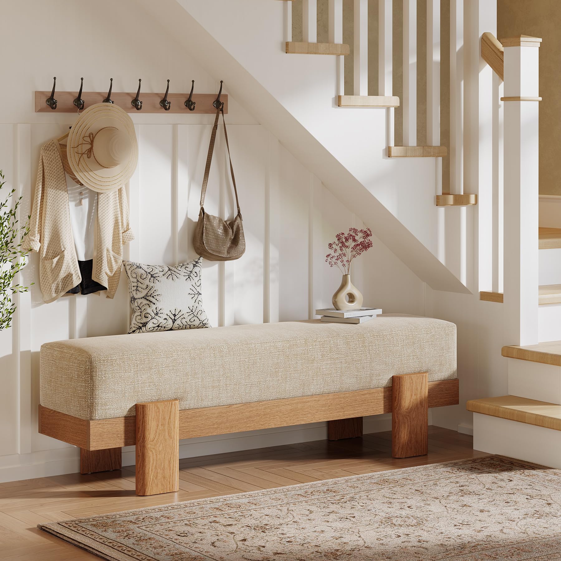 Tribesigns Banc Chaussures Entrée avec Tapissé, 140 x 35 x 45 cm, Moderne Banc à Chaussures avec Coussin épais Ultra-Moelleux et Structure en MDF, Bout de Lit pour Chambre à Coucher, Beige et Chêne