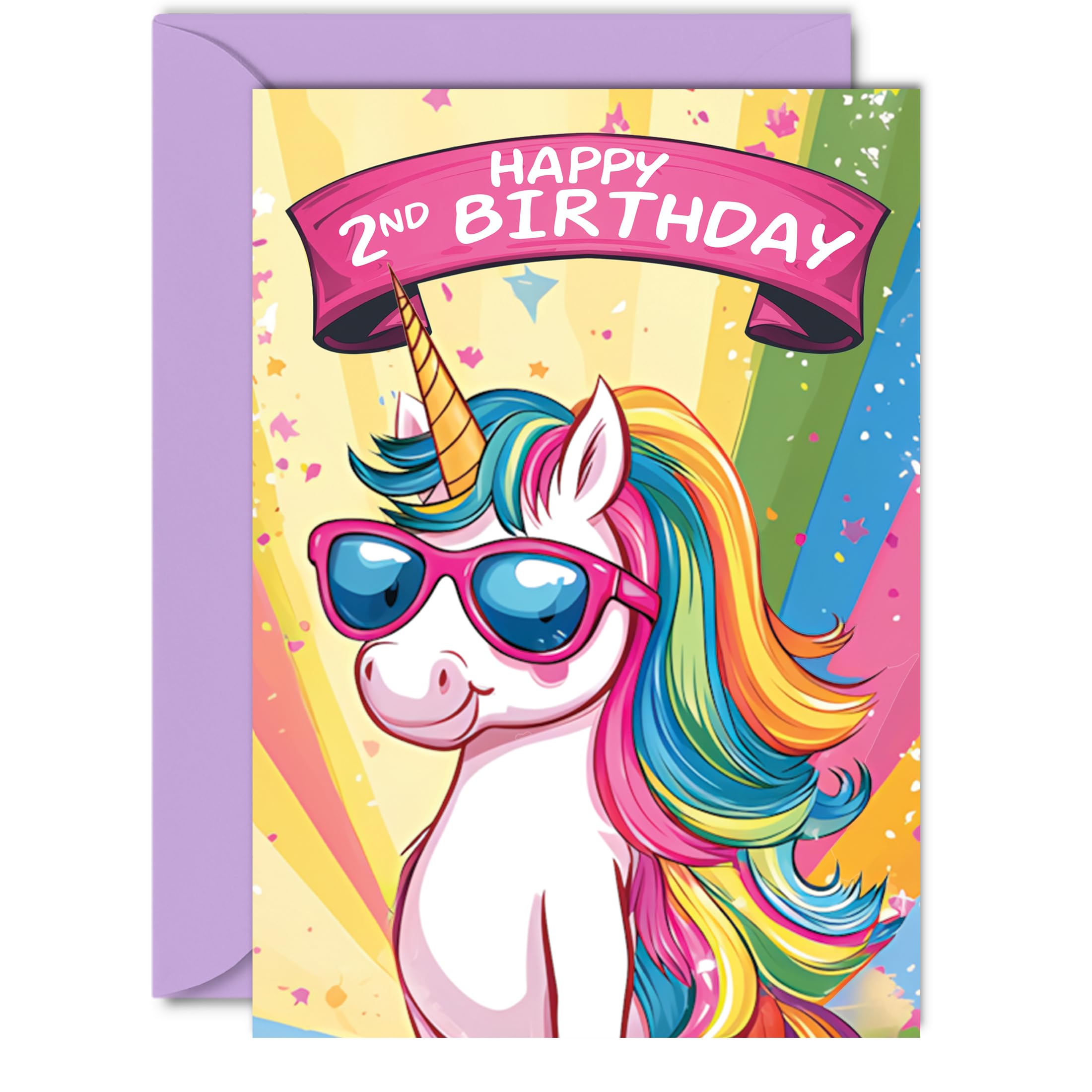 2nd Birthday Card - Cool Unicorn Sunglasses - Unicorn Birthday Card for 2 Year Old Girl, Age 2 Birthday Cards Second Birthday Card, A5 Cute Greeting Card