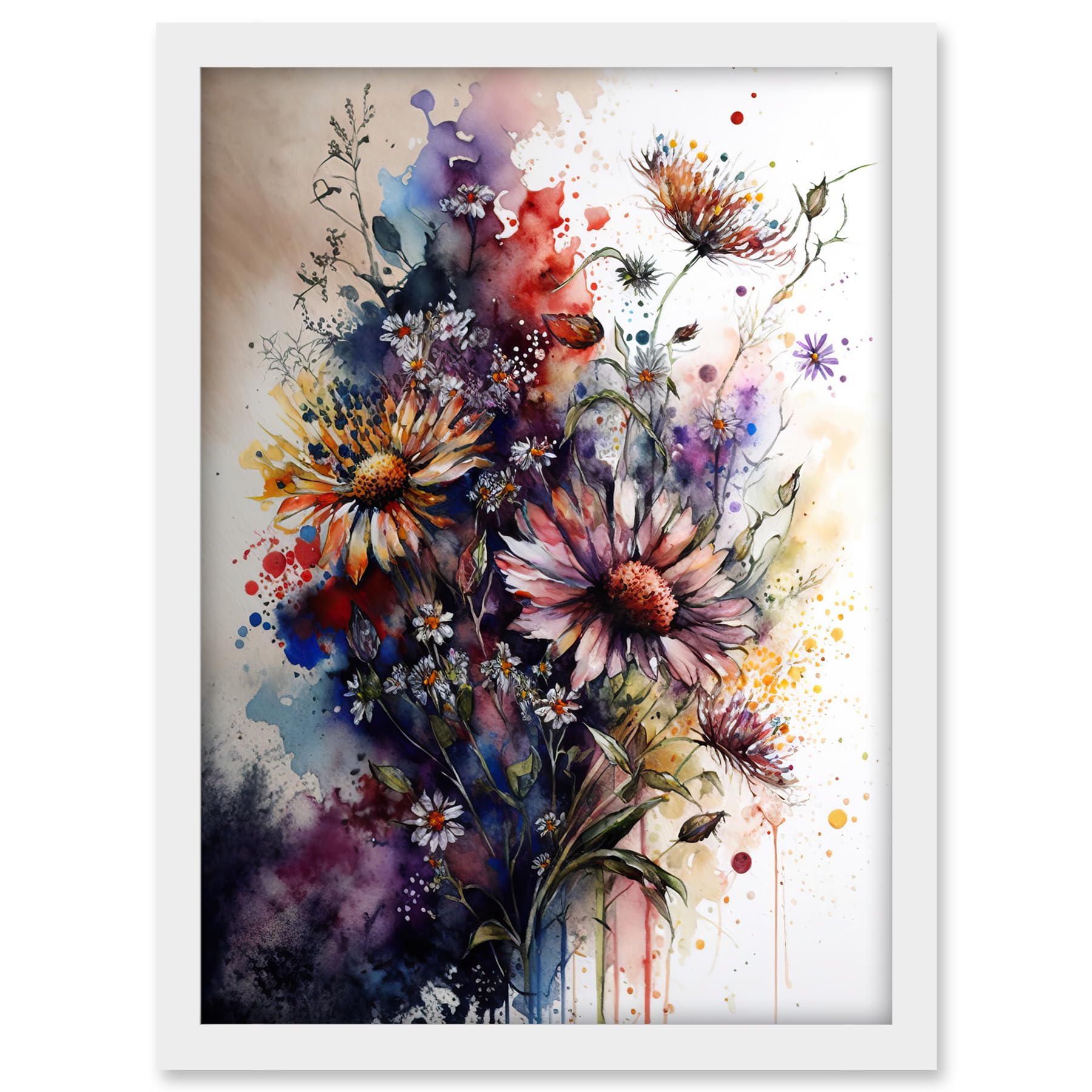 Artery8 Flower Bouquet over Watercolour Splat Illustration Artwork Framed A3 Wall Art Print