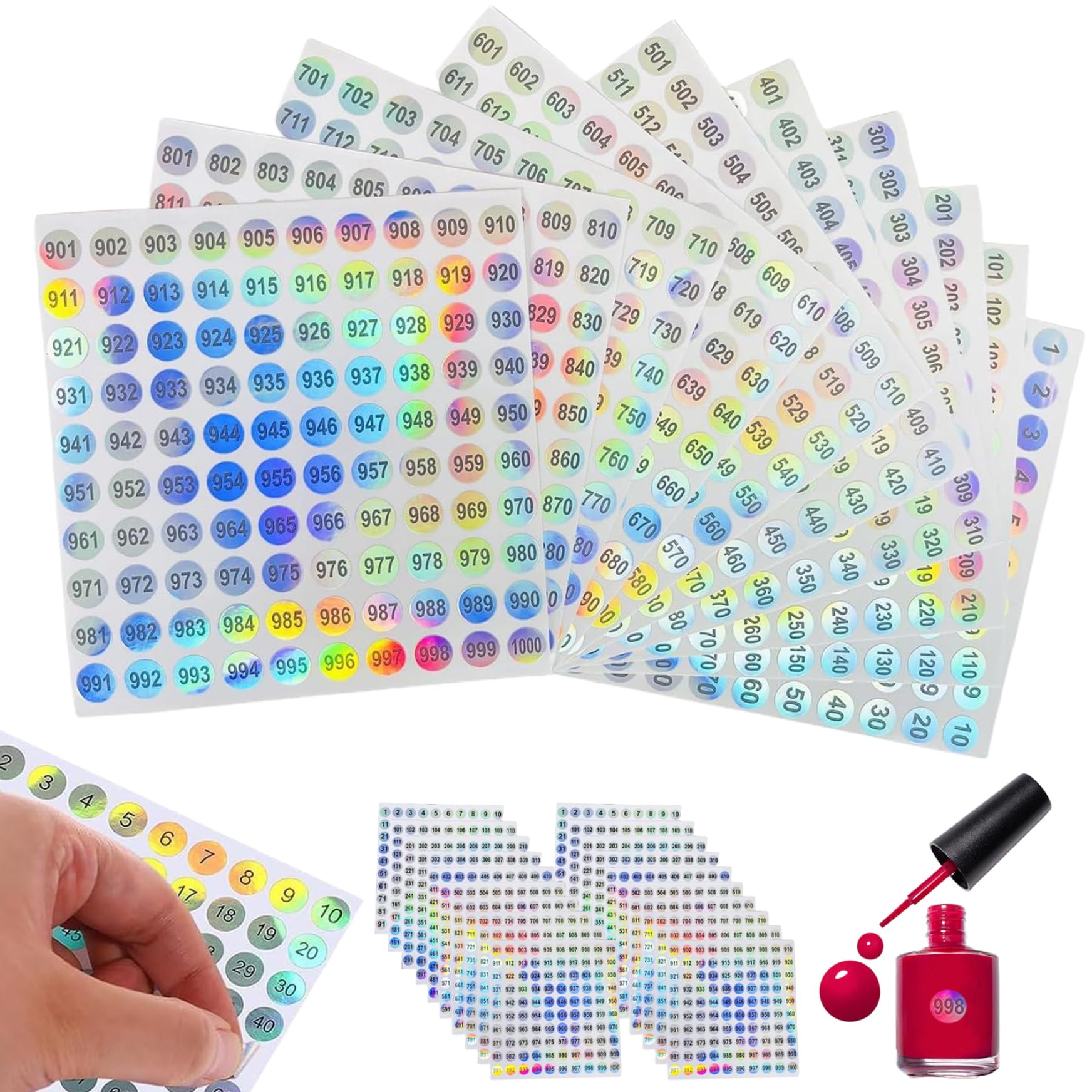 Cakeeyum 20 Sheets Number Stickers, 1-1000 Numbered Stickers, 10Mm Dia. Round Reflective Number Self Adhesive Sticker For Diy Craft Marking Numbering Manicure Tool, 100