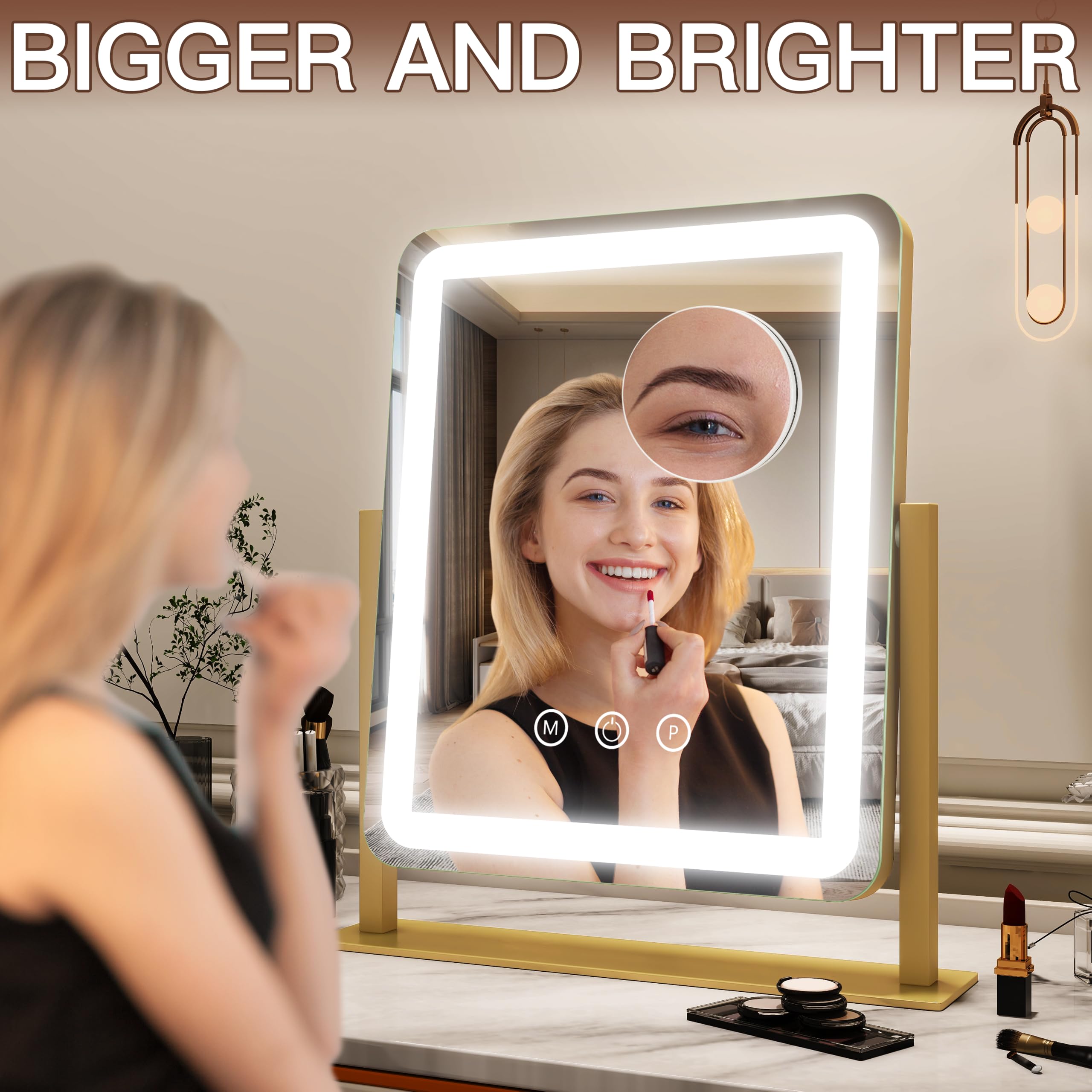 FENNIO Miroir de courtoisie avec lumières – 38,1 x 32 cm, grand miroir de maquillage avec lumières LED, écran tactile avec éclairage 3 couleurs, intensité variable, pour coiffeuse, bureau, chambre à