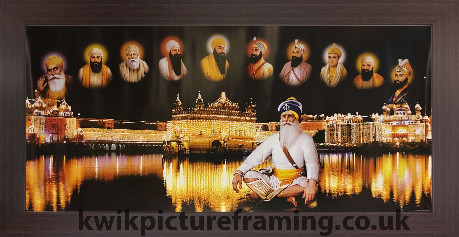 Kwik Picture Framing Ltd Mahogany Golden Temple Picture Frame Harmandir Sahib Amritsar With 10 Sikh Gurus | 28 X 13 Inch Religious Wall Art Display | Rectangular Wall Or Stand Mount Frame | Made In Uk