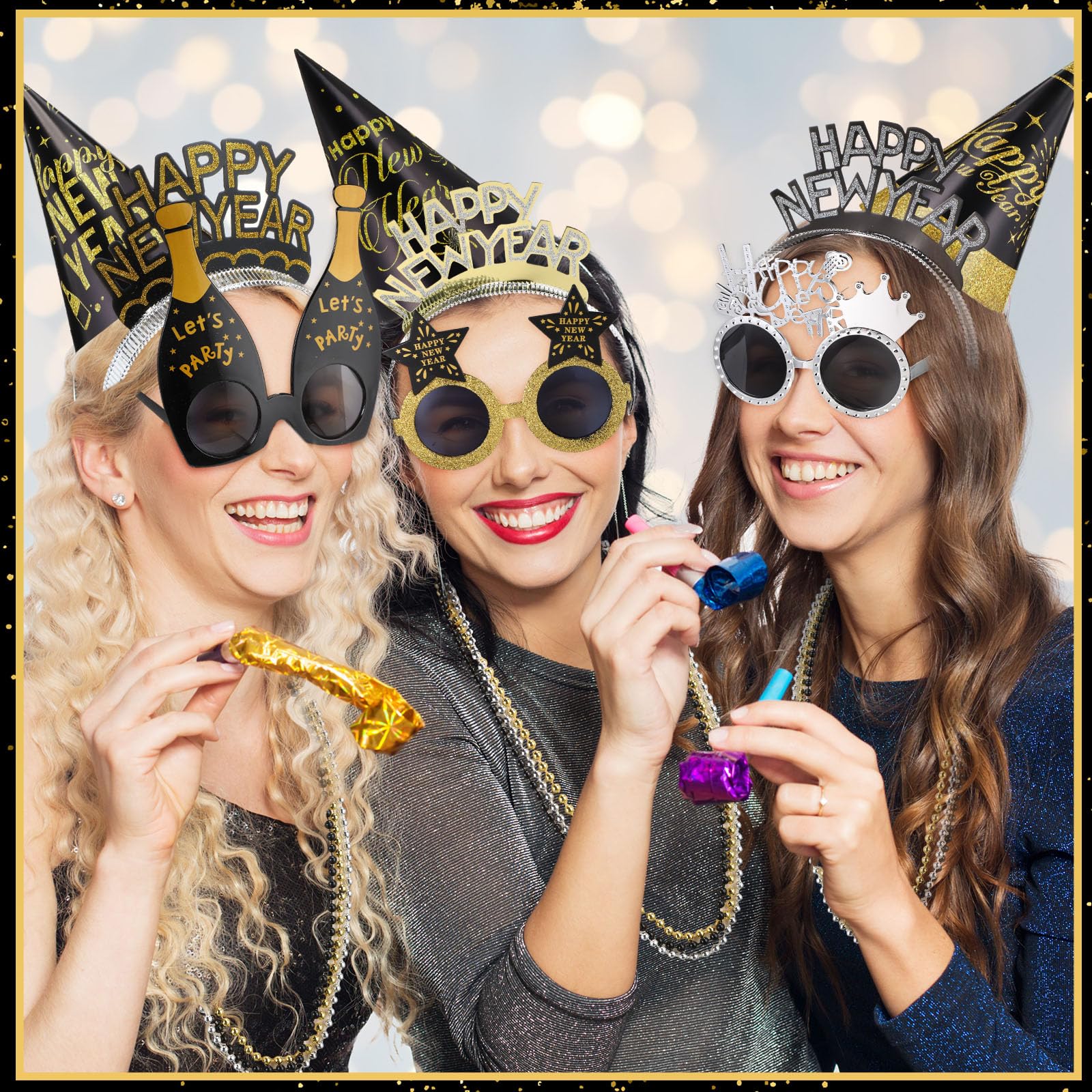Poen 192-teiliges Silvester-Party-Zubehör beinhaltet 48 Neujahrs-Stirnbänder, 48 Brillen, 48 Lärmmacher, 48 Perlen-Halsketten für Erwachsene 2025, Neujahrstag, Weihnachtsdekoration, Gastgeschenke