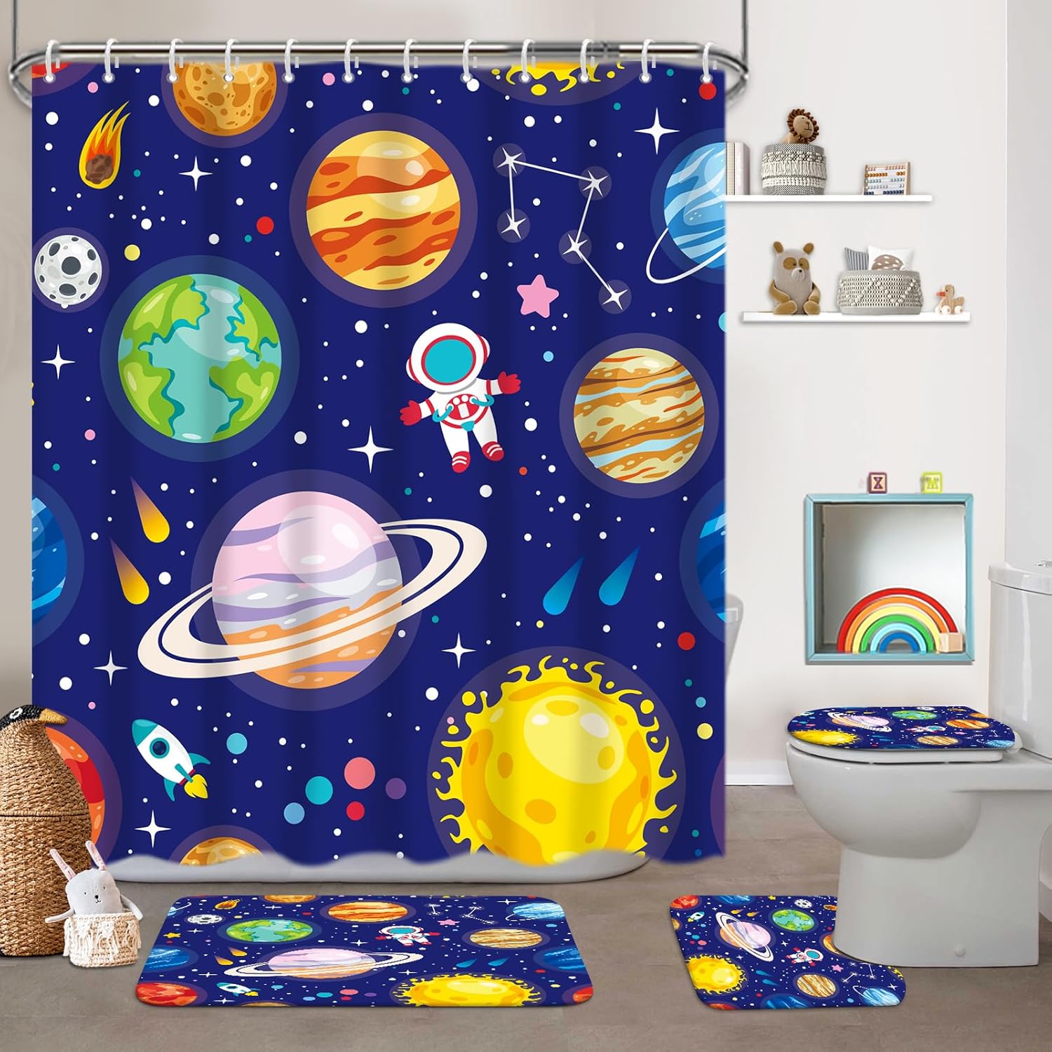 4 Pcs Kids Bathroom Set Cartoon Outer Space Shower Curtain Sets with Non-Slip Rugs Toilet Lid Cover and Bath Mat Set, Kids Boy Bathroom Decor with 12 Hooks