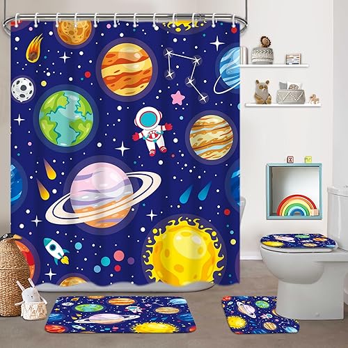 4 Pcs Kids Bathroom Set Cartoon Outer Space Shower Curtain
