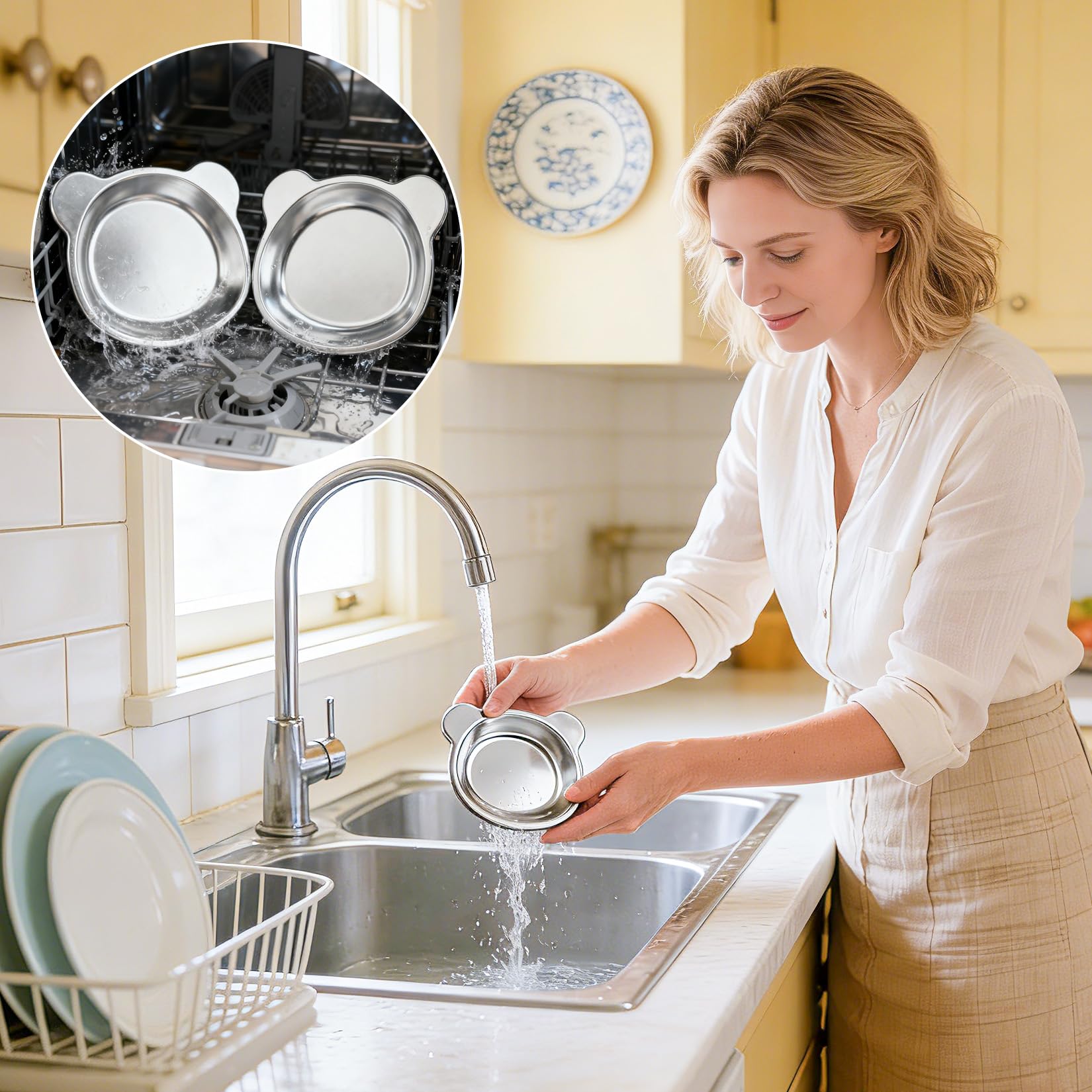 2 Pz Ciotole per Gatti in Acciaio Inox, Ciotole Piatte per Gatti, Ciotola per Bere Antiscivolo, Ciotola per Cibo per Gattis, cibo umido e secco per gattis