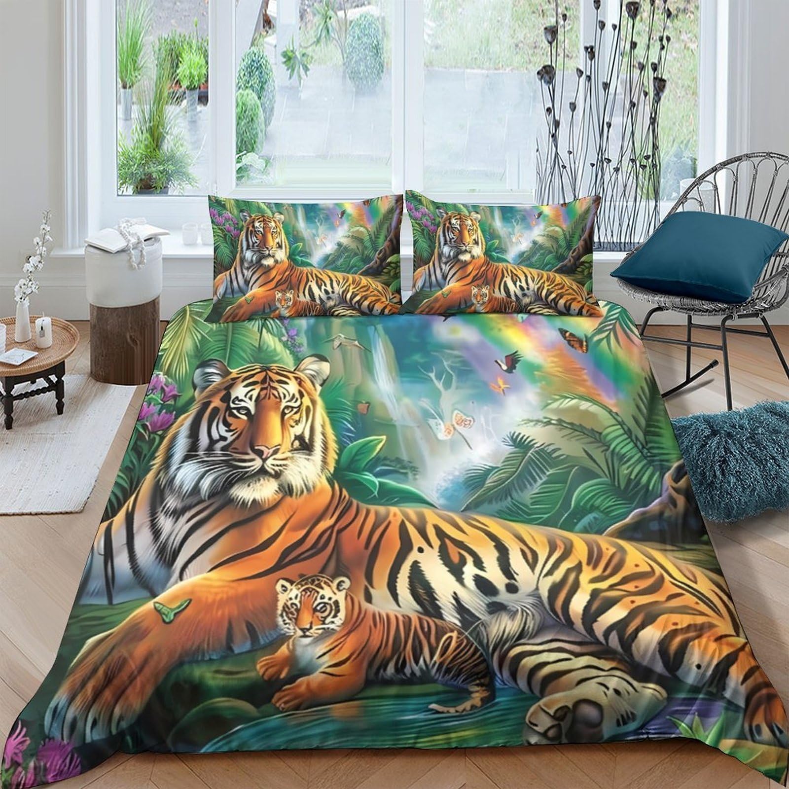 GPLZQXKJNH 3D Printed Tiger Jungle Duvet Cover Set Microfiber Soft Breathable Rainbow Forest Bedding with 2 Pillowcases for Bedroom Decor Single（135x200cm）