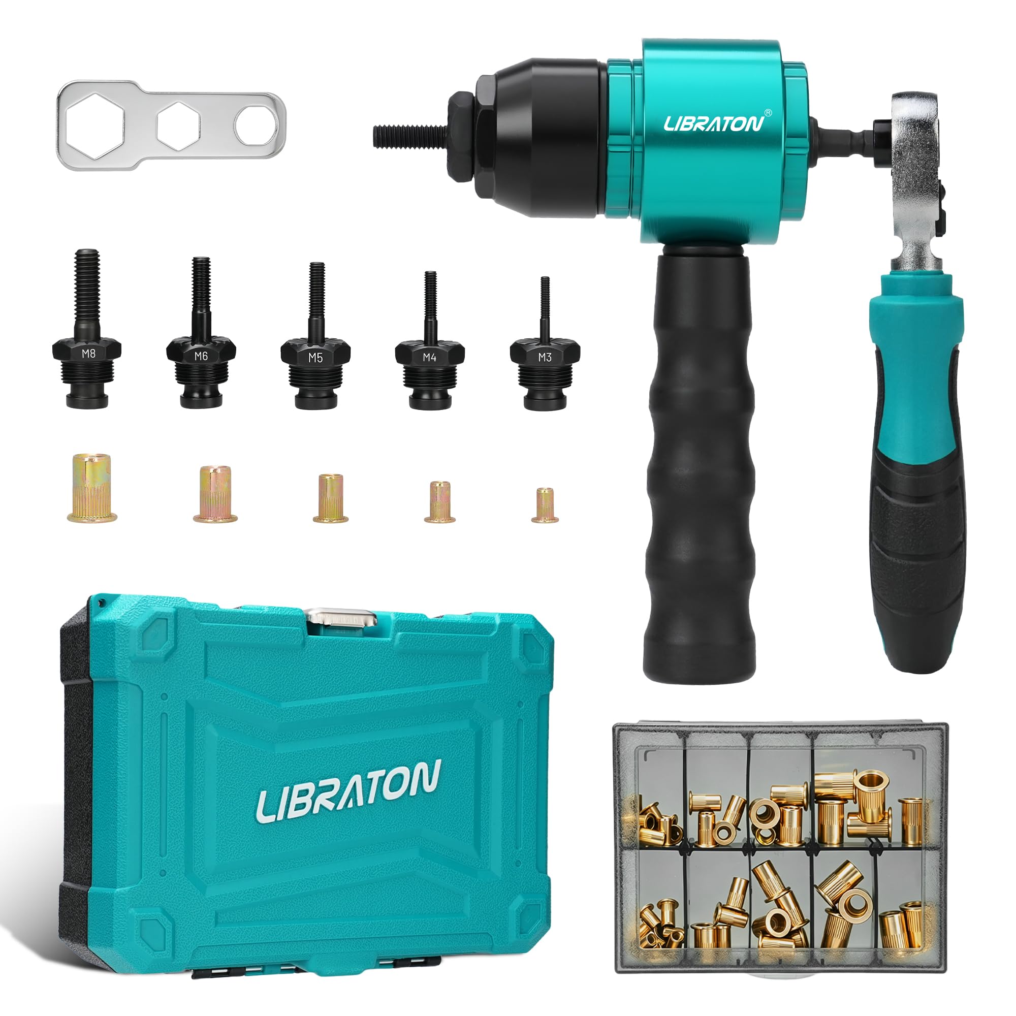 LIBRATON Adapter Nitownica elektryczna nakrętka wiertarka i zestaw kluczy nasadowych, zestaw elektryczny/ręczny 5 uchwytów M3-M8, 50 nakrętek metrycznych, szybka wymiana, do majsterkowania i naprawy