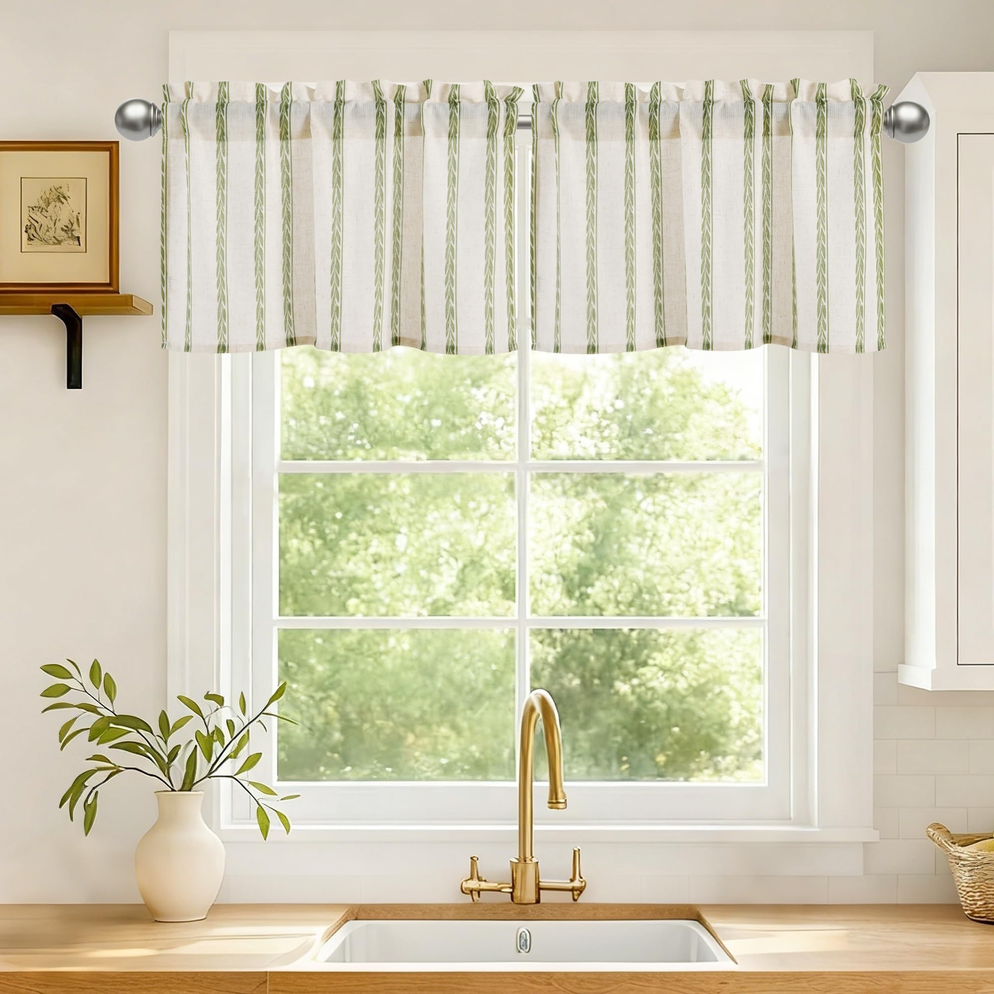 DWCN Linen Short Kitchen Curtains 18 Inch Drop,Light Filtering Cafe Curtain Valance for Sink, Rod Pocket Small Window Curtains for Half Window, Cupboard Base, W26 x L18, 2 Panels, Green Wheatears — image 1