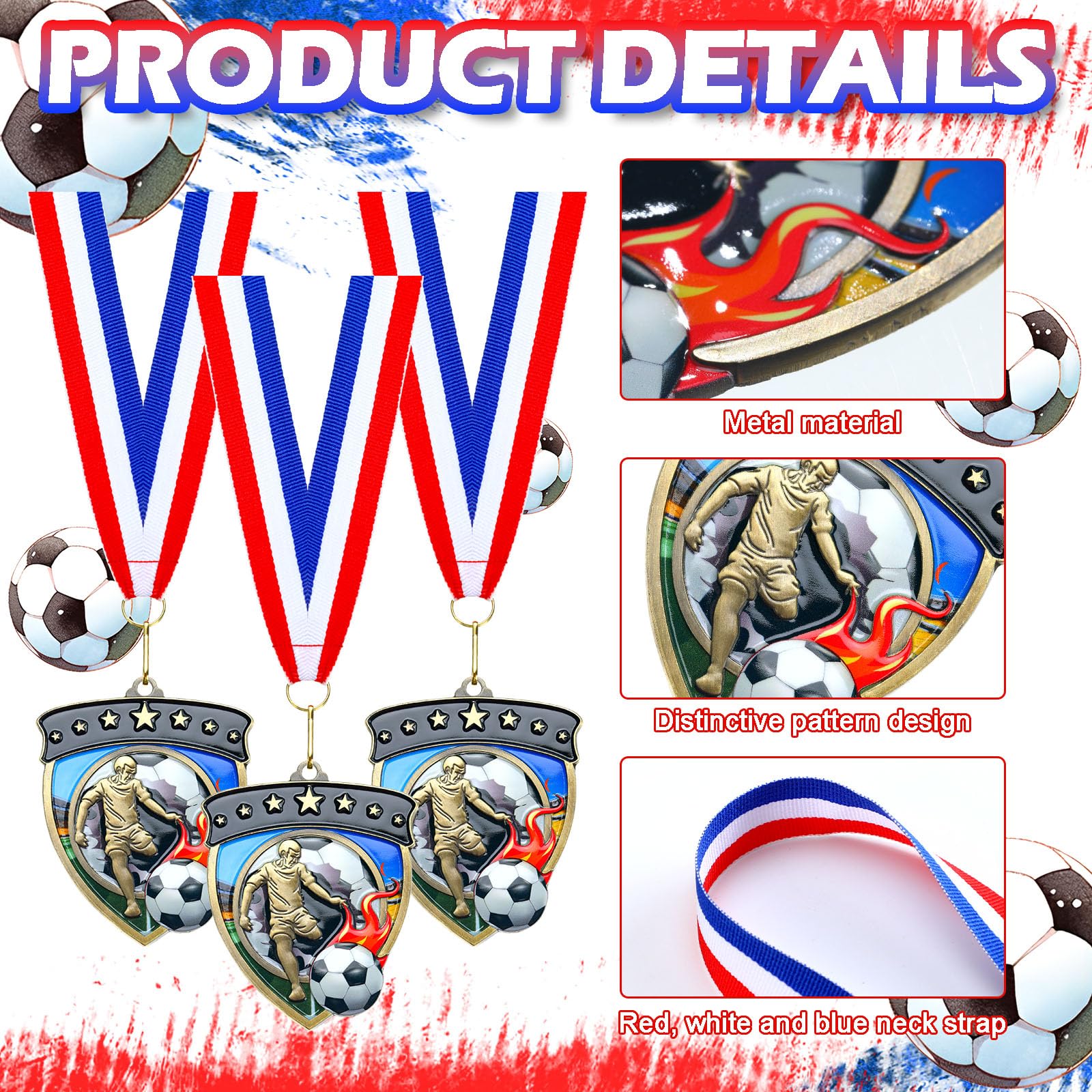 Remuuly 10 medallas de premio de fútbol para adultos, medallas de metal con forma de escudo de 3.35 pulgadas con cintas de cuello a rayas rojas, blancas y azules, para regalo de trofeo de