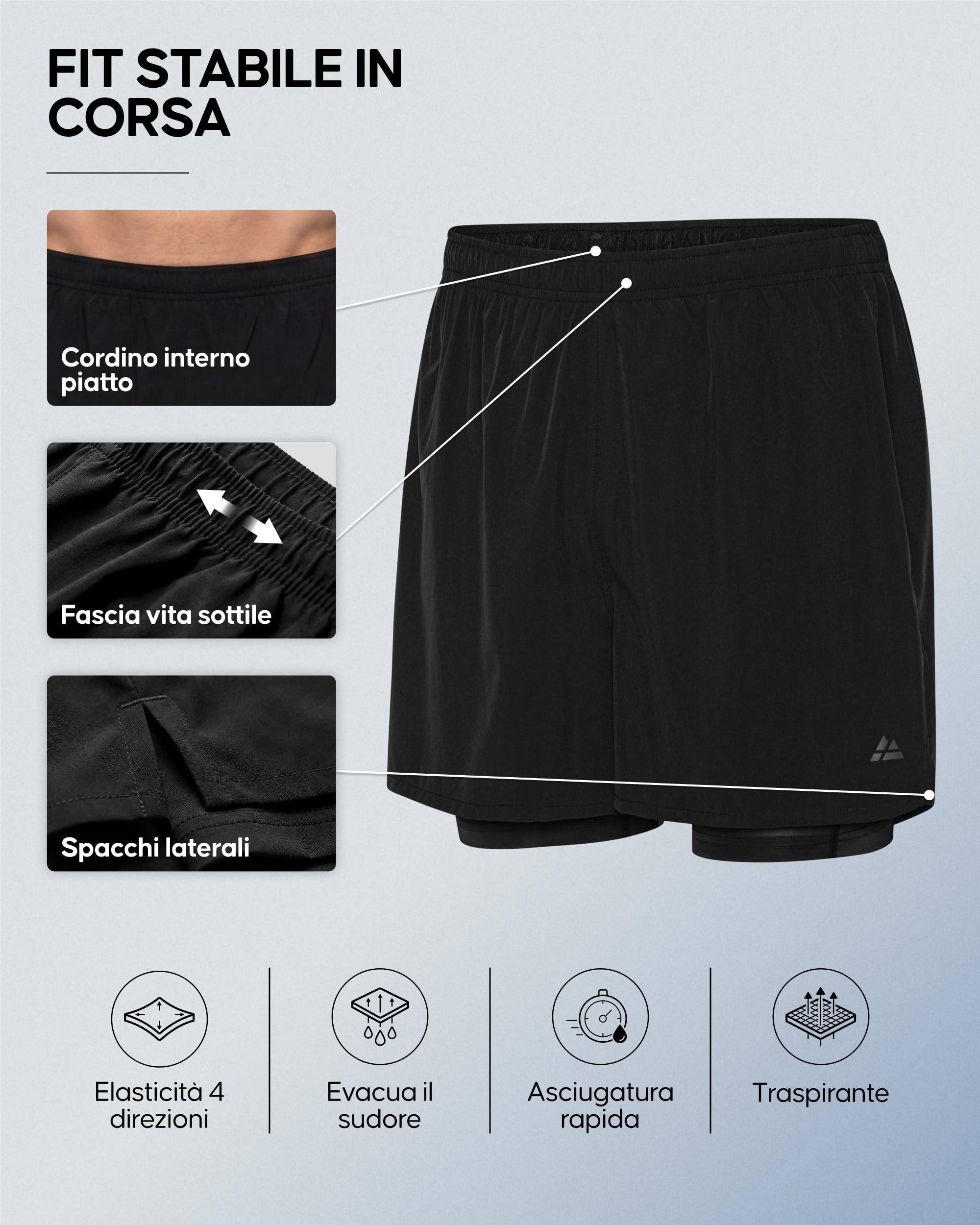 DANISH ENDURANCE Pantaloncini da Corsa Uomo, Fodera Interna di Supporto | Pantaloncini 2in1 da corsa, strato esterno leggero con fodera interna di supporto, tasche anti-rimbalzo, per corsa e palestra