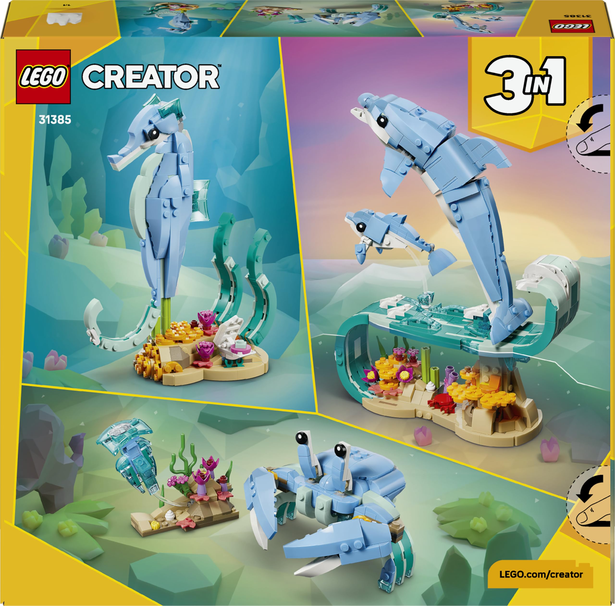 LEGO Creator 3-in-1-Set Meerestiere: Wunderschöne Delfine - Tierfiguren - Set mit 3 Optionen: Delfine, Seepferdchen & Krabbe - Spielzeug für Kinder ab 9 Jahren - Geschenk für Mädchen & Jungen - 31385