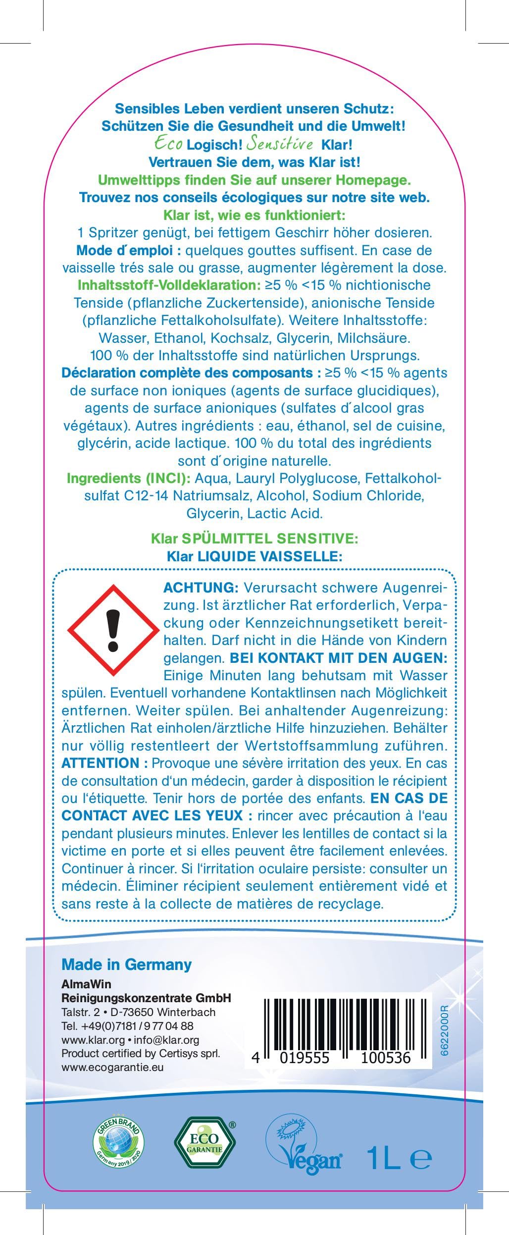 Klar EcoSensitive Spülmittel SENSITIV, 1l - Ohne Duft & hypoallergen