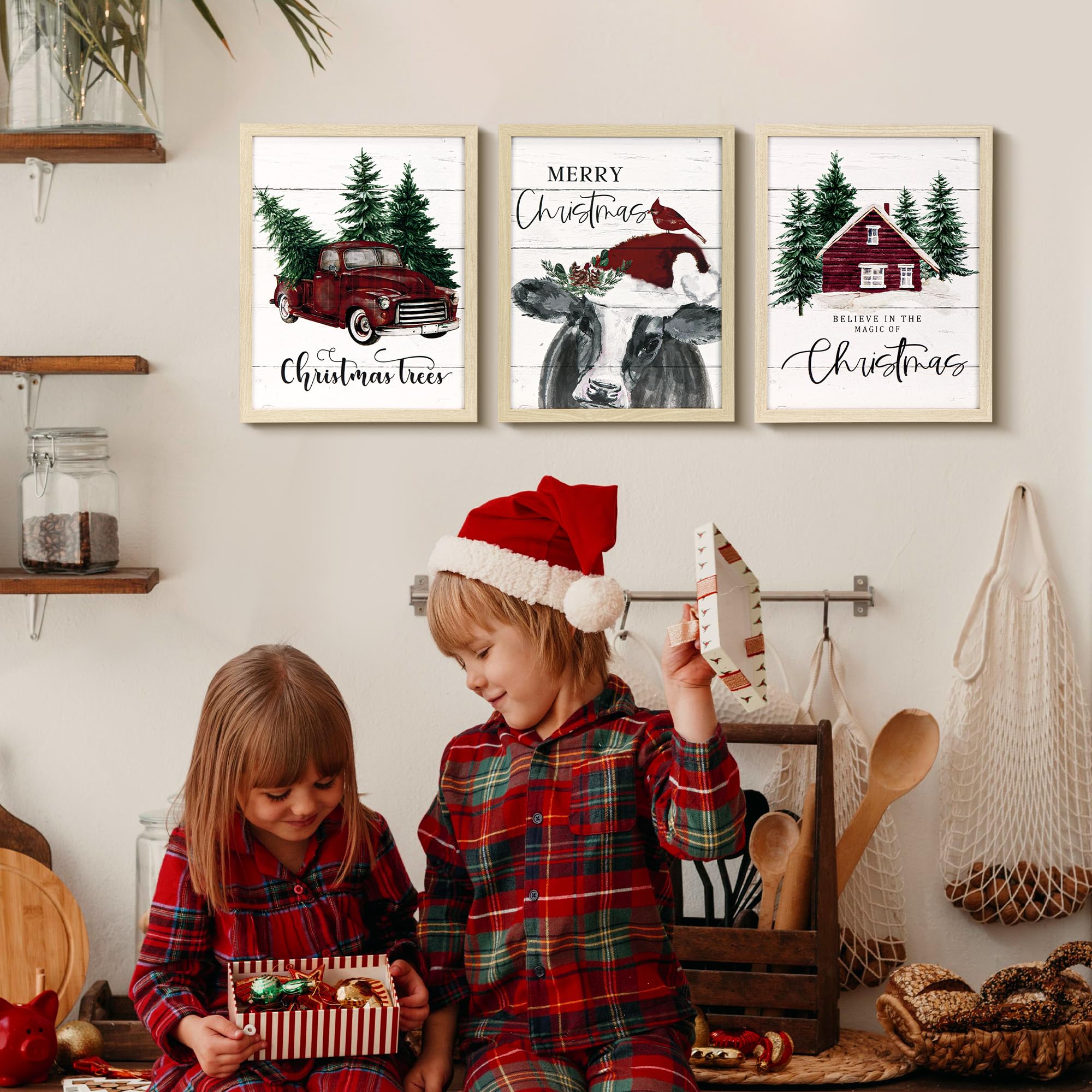ArtbyHannah Christmas Wall Art, 11x14 Inch Black Framed Wall Art with Christmas Farmhouse Cow Prints for Living Room as Christmas Decorations or Gifts