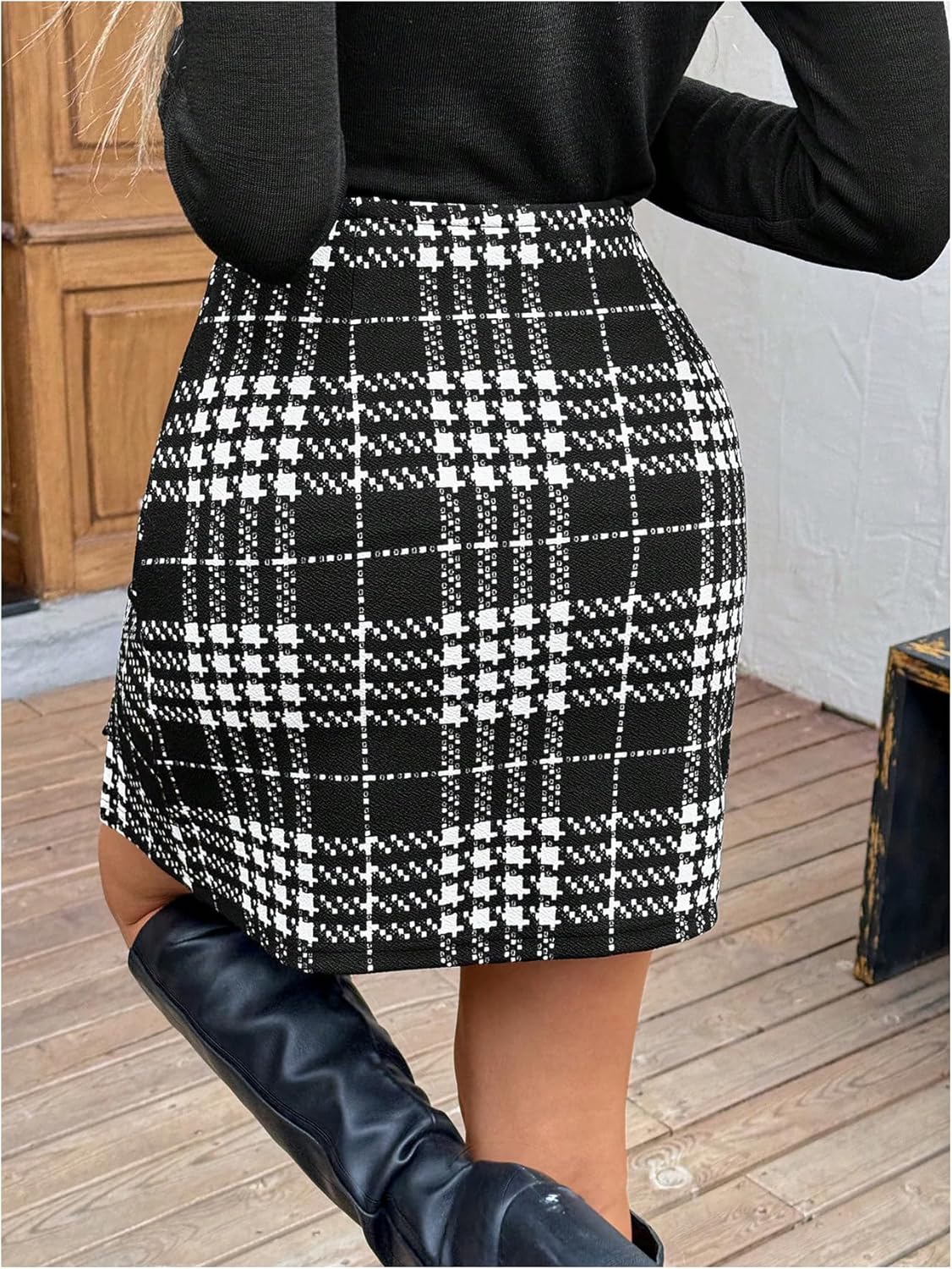 MakeMeChic Women's Fall Plaid Split Mini Skirt Business Work Straight Skirts - Image 3