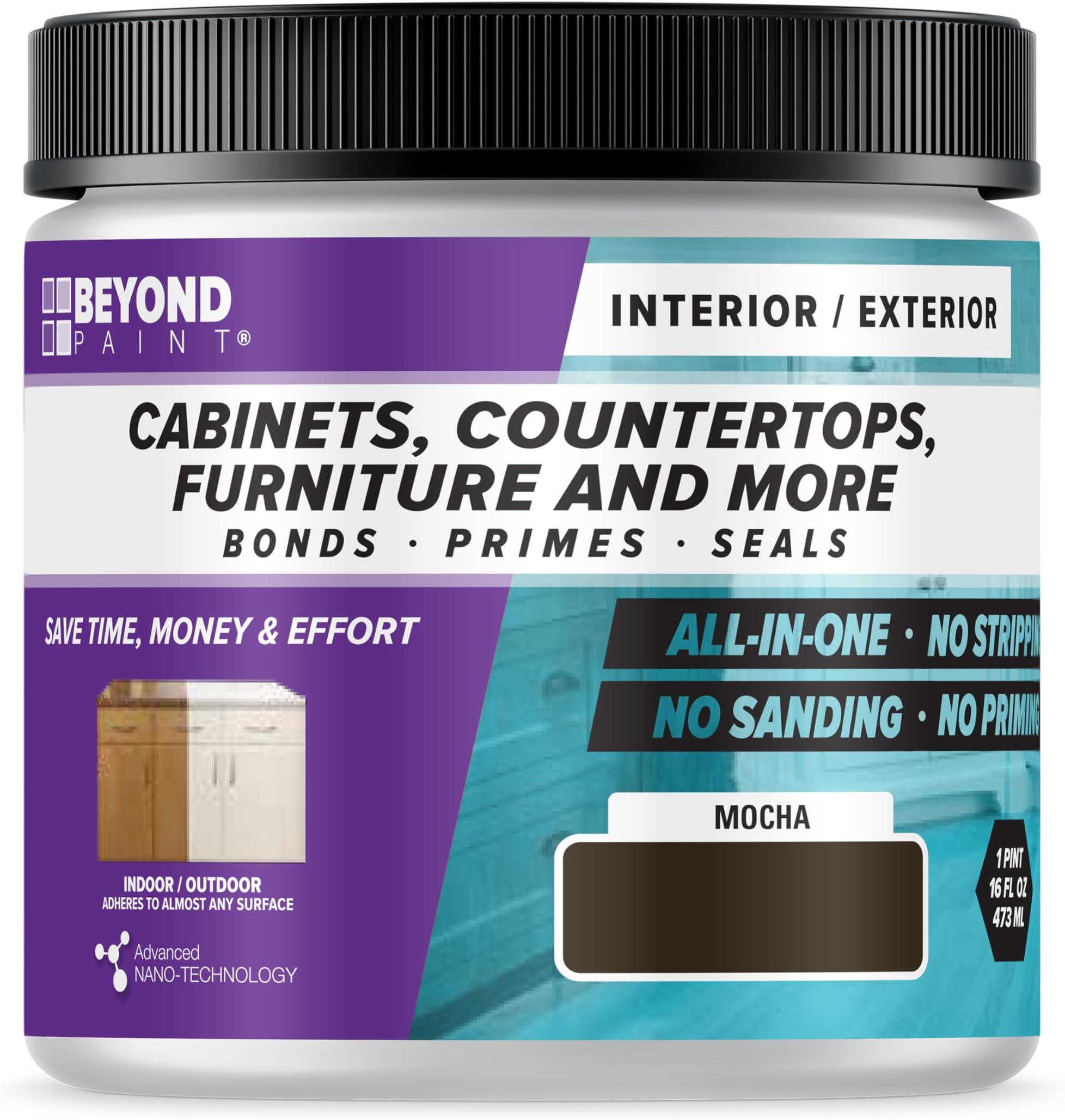 Beyond Paint All-in-One Refinishing Paint, No Sanding, Matte Finish for Cabinets, Countertops, Furniture and Doors, 1 Pint, Mocha