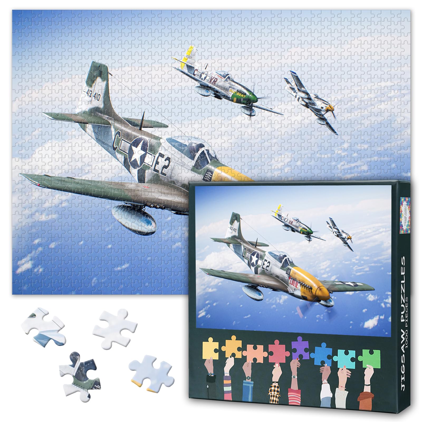 1000 Piece Jigsaw Puzzle for Adults P51 Mustang Aircraft Navy Blue and White Wall Art WWII Fighter Plane Home Office Decor 27.5 x 19.7 Inches