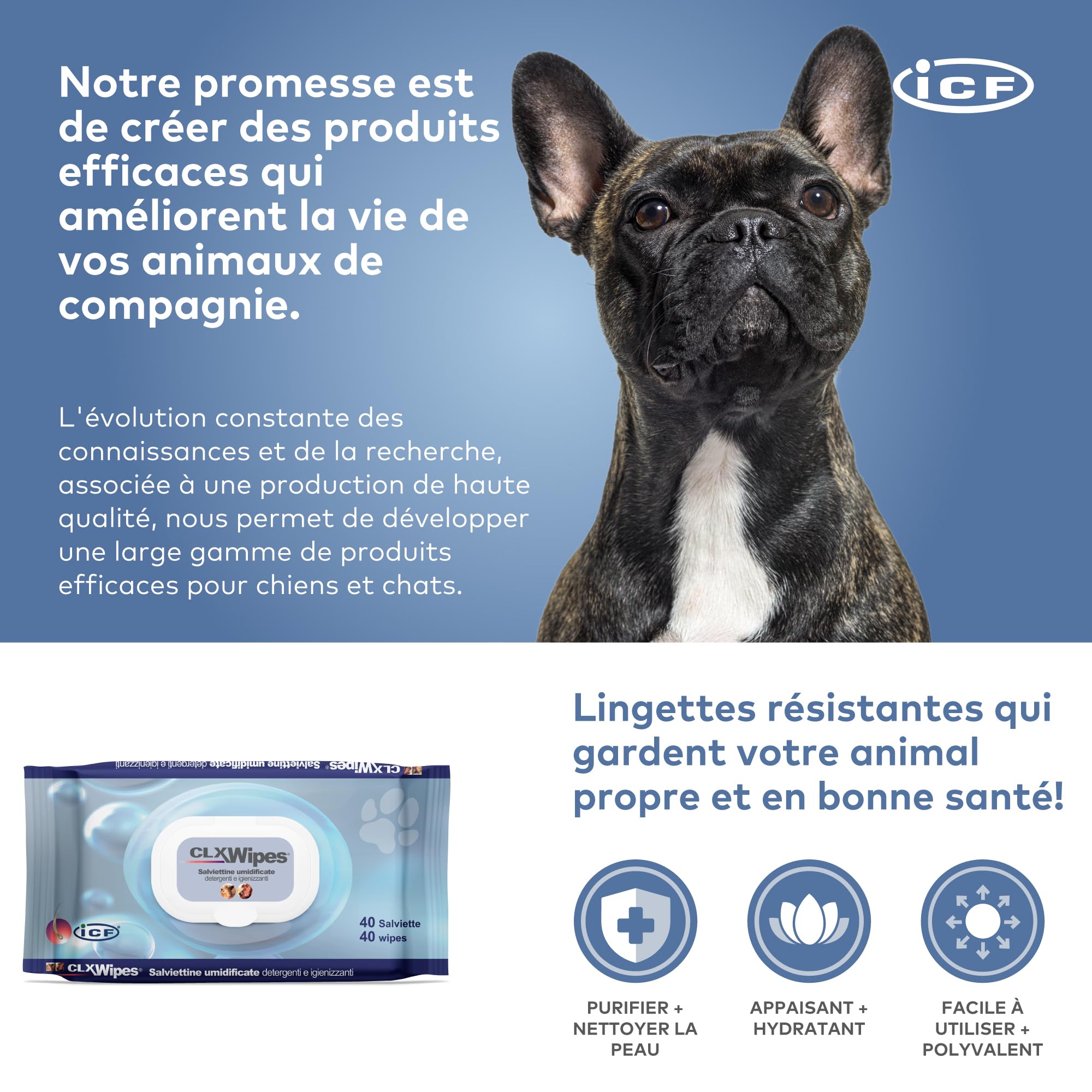 ICF | CLX Lingette Chien | Lingettes Nettoyantes, Assainissantes et Hydratantes pour Chien et Chat | Nettoyage quotidien des pattes, des plis cutanés, et des espaces interdigités | 40 lingettes