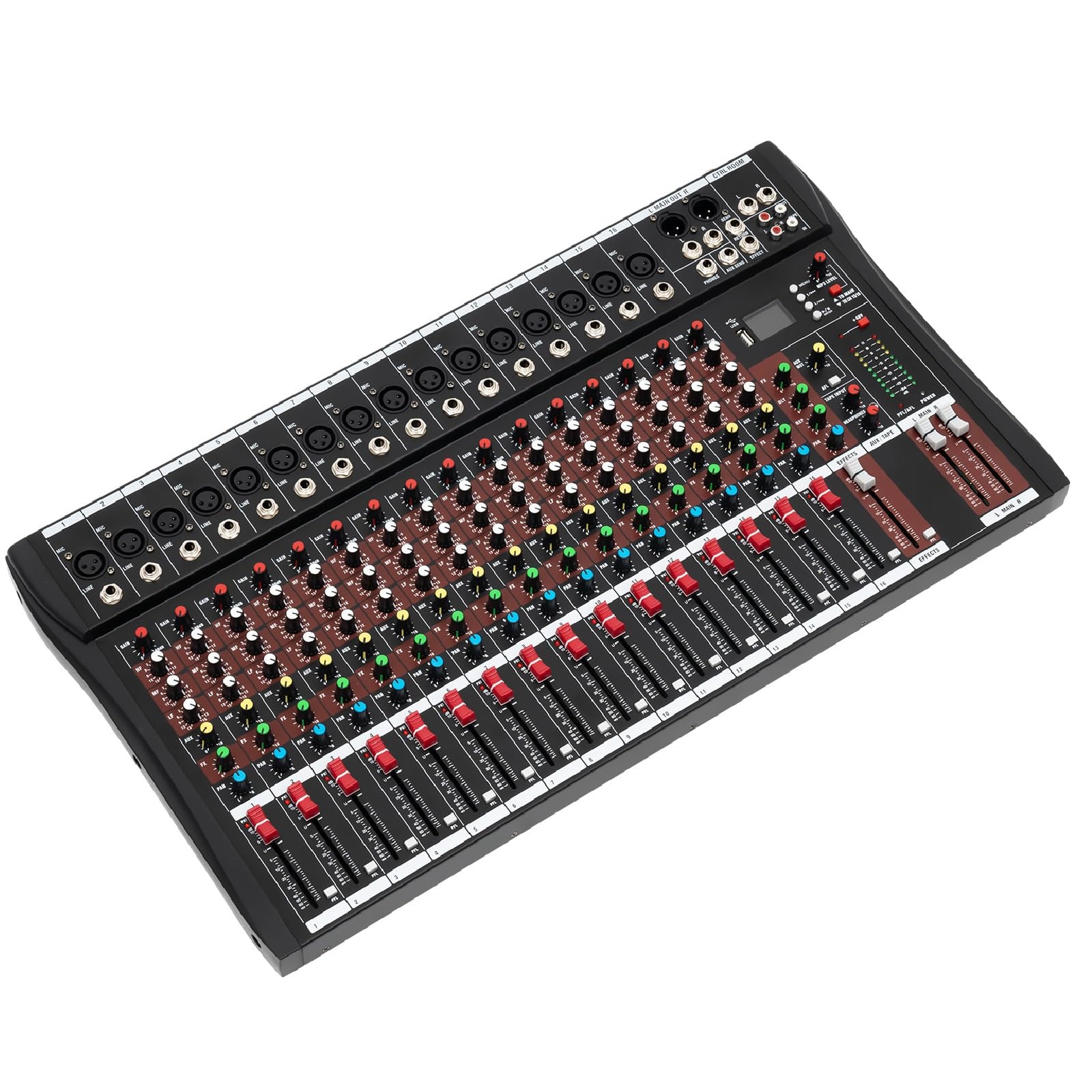 Digital Audio Mixer 16 Channel, Audio Mixing Console for Sound Board, Audio Mixer Sound Mixing Console with Bluetooth USB PC Recording, Max Input 15W, 2-Track RCA