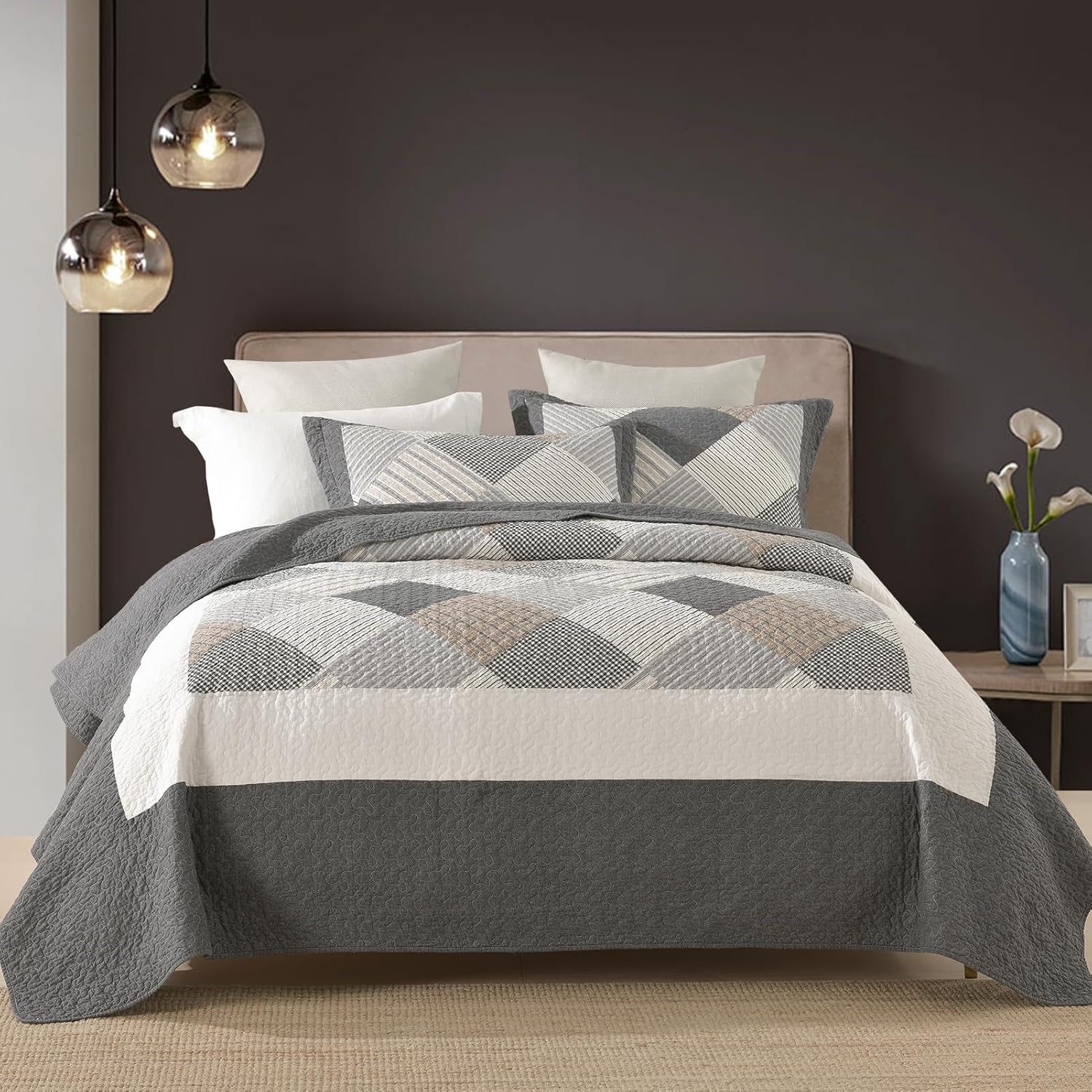 DUOHONG Quilts King Size King Quilt Bedspread Sets, 100 Cotton Gray Quilt Bedding