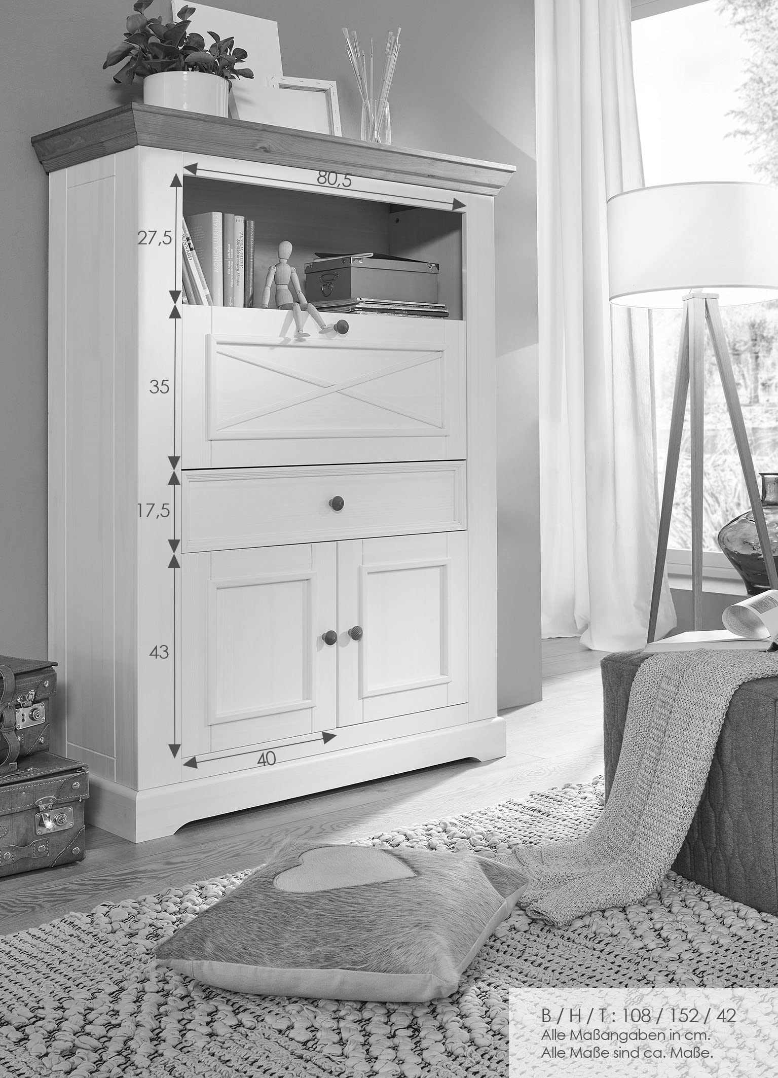 Woodroom Sekretär Oslo in Kiefer massiv grau (BxHxT 108x152x42 cm), Büroschrank
