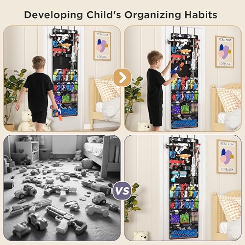 Miniatura 7 de Organizador sobre la puerta para pistolas de juguete, organizador de almacenamiento de pistolas de juguete colgantes con bolsillos y ranuras para