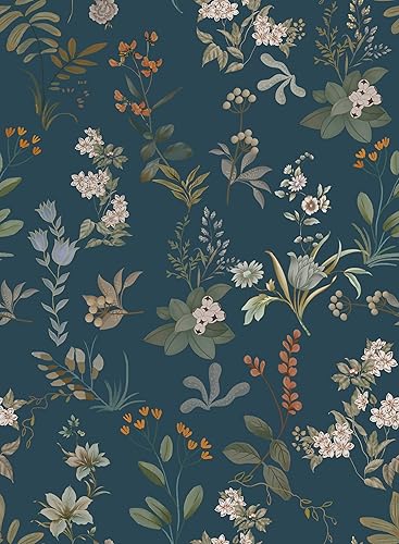 Papel tapiz floral para despegar y pegar, papel de contacto de flores, color azul oscuro, papel tapiz de granja, papel tapiz vintage de madera