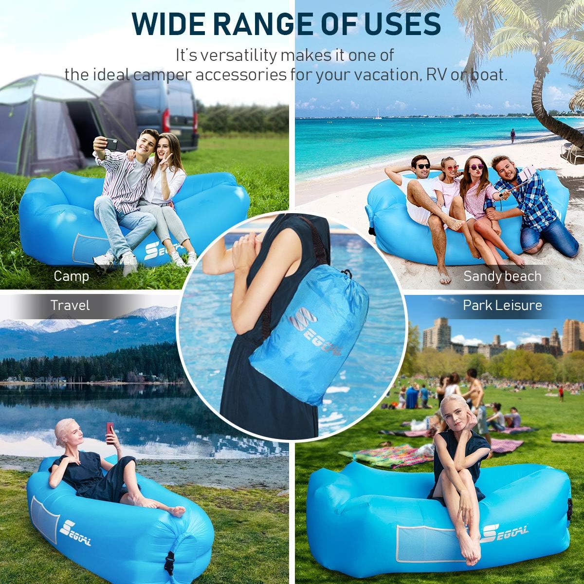 Crеаtіvе Prоduсt SEGOAL Inflatable Lounger Air Sofa Couch with Pillow, Portable Waterproof Anti-Air Leaking for Indoor/Outdoor, Camping, Traveling, Ideal Inflatable Couch for Picnic Backyard Lakeside