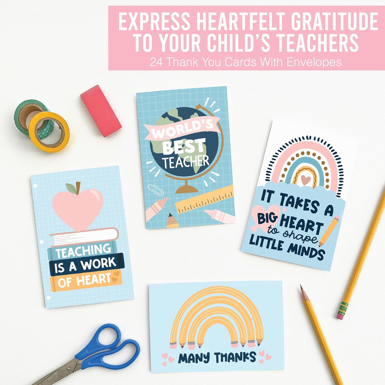 Hadley Designs 24 Teacher Thank You Cards With Envelopes - 4x6 Teacher Appreciation Cards Bulk, Cute Thank You Notes From Students, Assorted End of School Year Card for Teachers Gifts, Designed in USA - Image 5