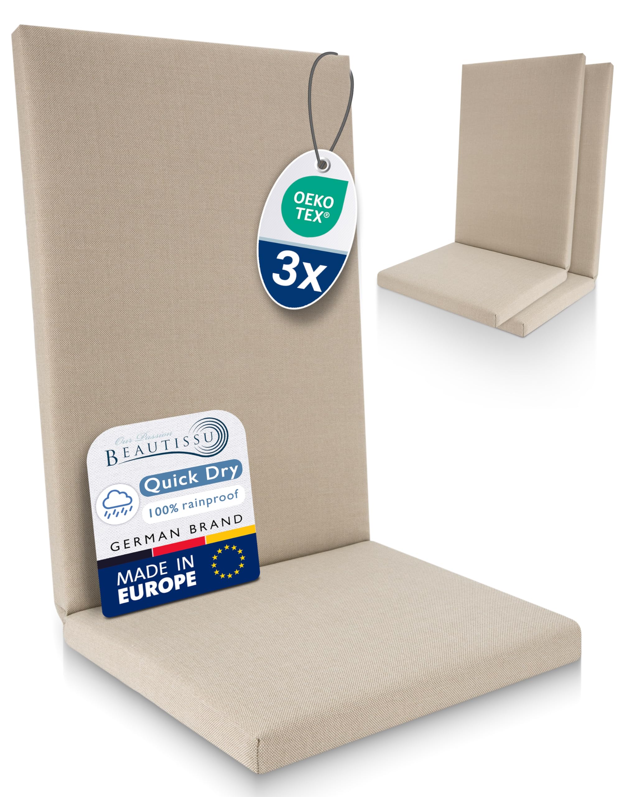 Beautissu Set of 3 Premium High Back Garden Chair Cushions 100% Waterproof Seat Cushions Outdoor 120x50cm - UV Resistant Comfortable Easy Care - Quick Dry Patio Furniture Cushion Beige