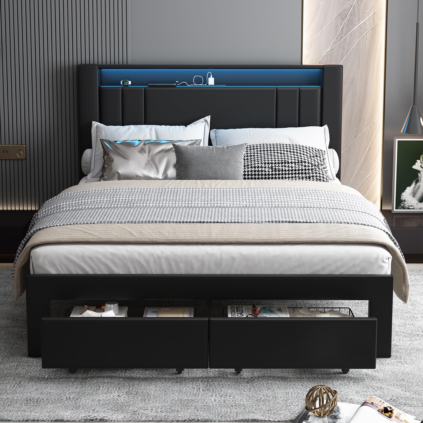 LED Upholstered Queen Bed Frame Leather Platform Bed with Storage Drawers and Charging Station, No Box Spring Needed