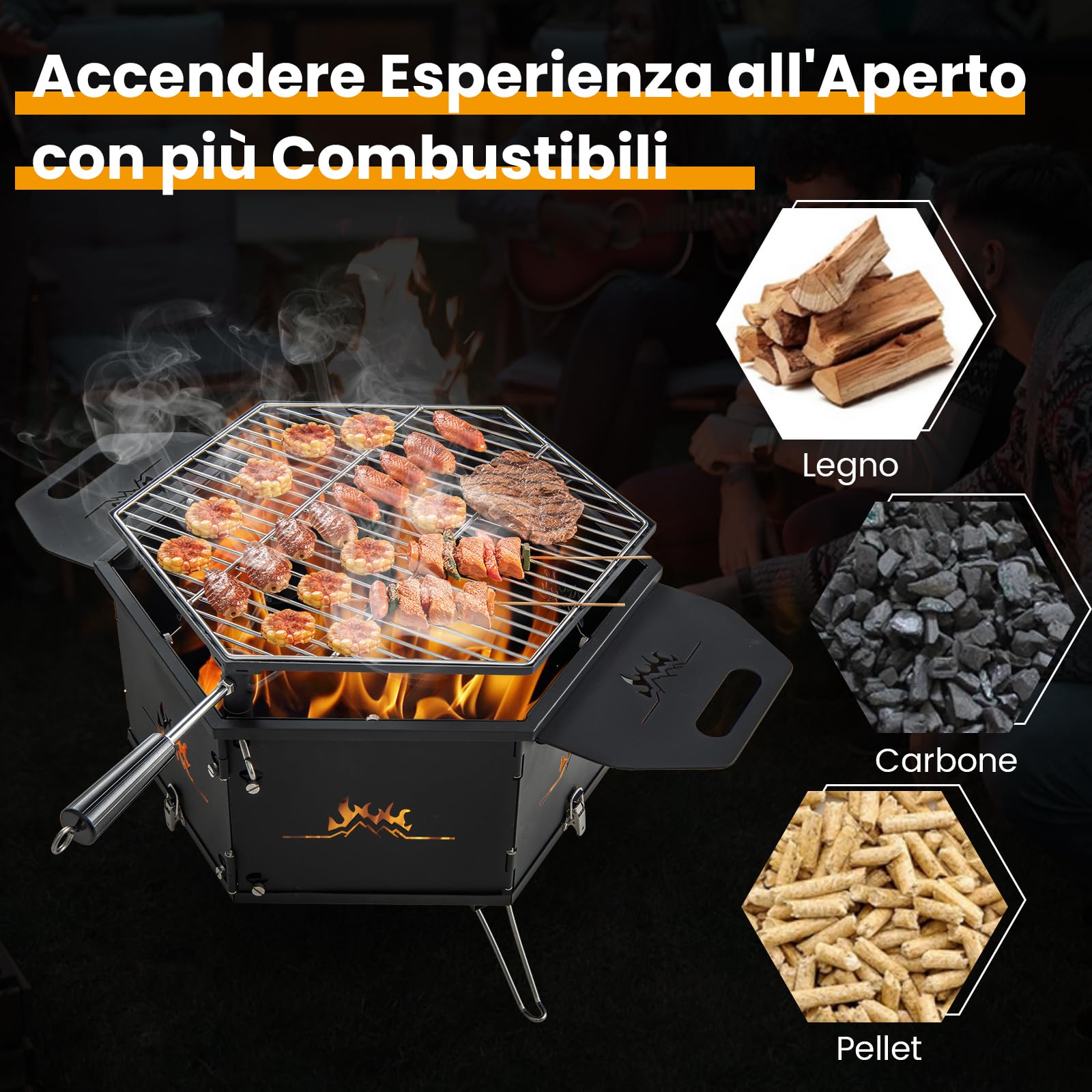 GYMAX Fornello da Campeggio con Grill all'Aperto, Barbecue Portatile a Carbone Allargato con 2 Manici, Gambe Pieghevoli, Fibbia Staccabile, Fornello a Carbone in Acciaio Inox per Viaggi, Campeggio