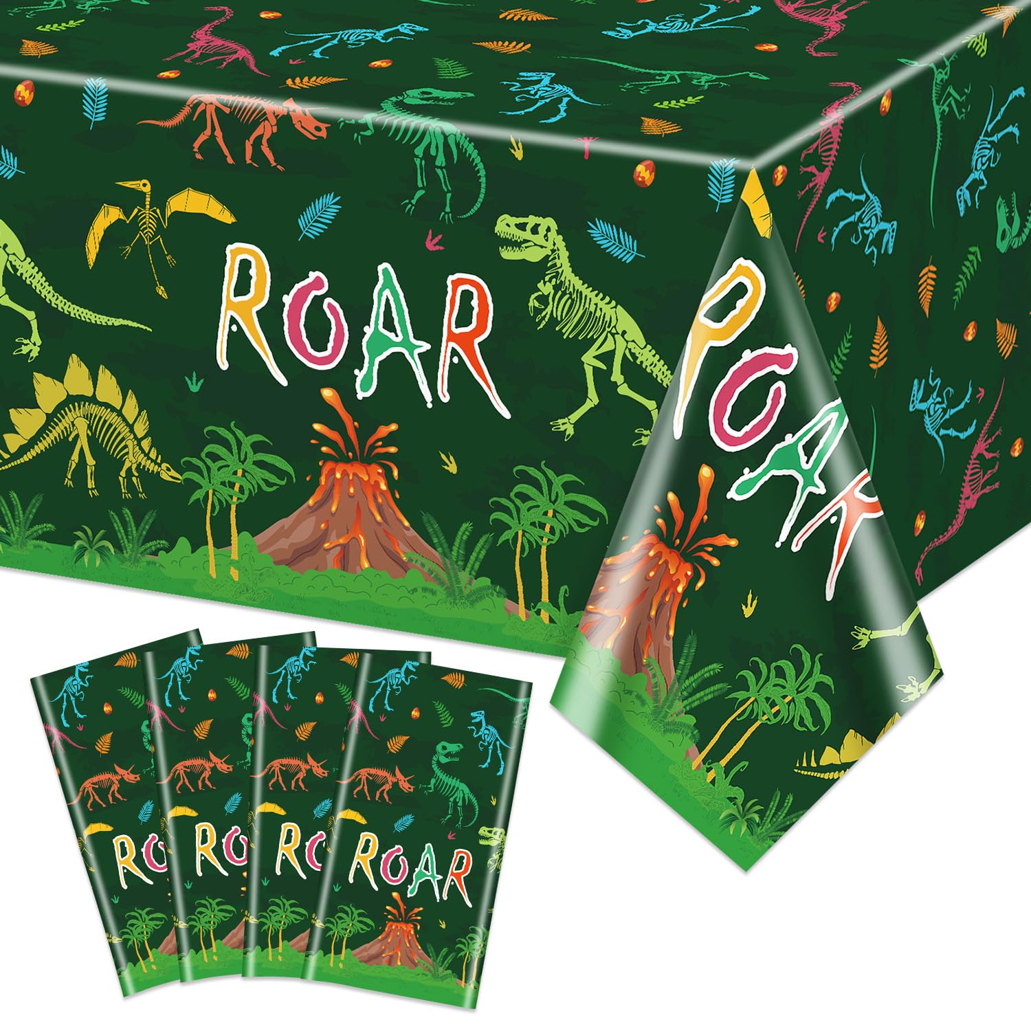 AJINXIN Dinosaur Tablecloths, 4 Pack Dinosaur Birthday Tablecloths Jungle Dino Table Cloths Green Rectangle Table Covers for Kids Birthday Party Baby Shower, 130 x 220 cm
