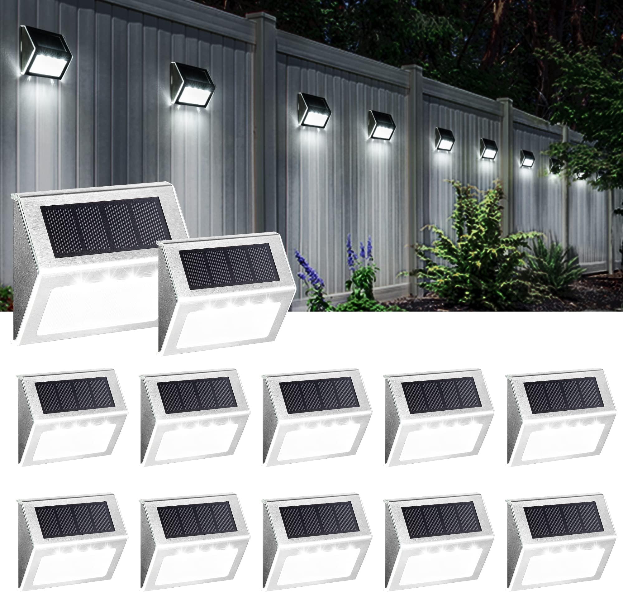 SOLPEX Solar Fence Lights, 12 Pack Solar Powered Deck Lights Outdoor Waterproof,4 LEDs Solar Step Lighting for Stair Stairway Patio Porch Pathway Walkway Garden (Cold White)