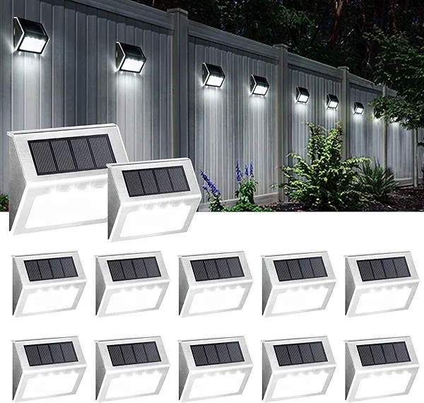SOLPEX Solar Fence Lights, 12 Pack Solar Powered Deck Lights Outdoor Waterproof,4 LEDs Solar Step Lighting for Stair Stairway Patio Porch Pathway Walkway Garden (Cold White)