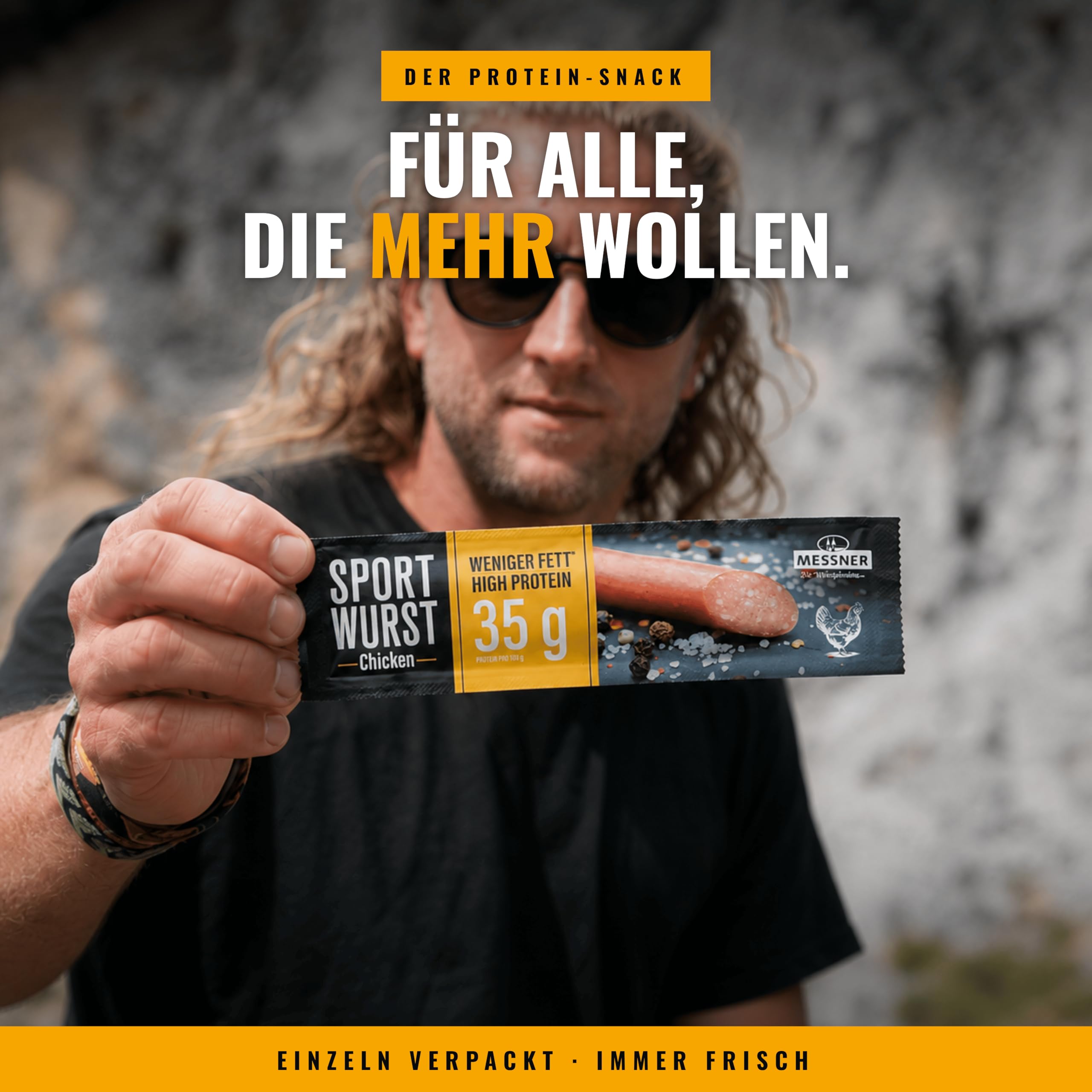 Messner Sportwurst Chicken 25x20g (500g) mit 35% Protein – Zarte Konsistenz, zuckerarm – Protein Snack, Low Carb Fleisch Snack, Chicken Snack