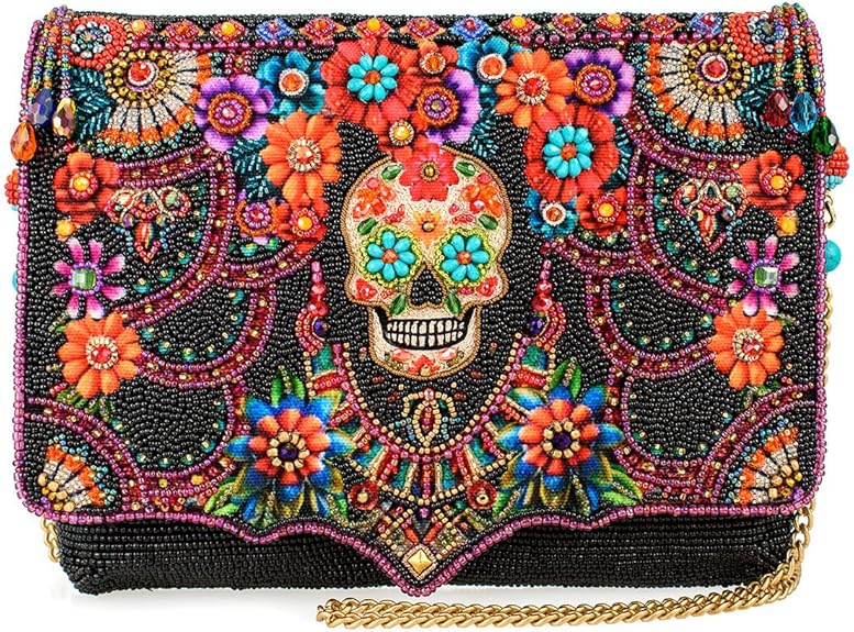 Fiesta Flair Beaded Crossbody Handbag Sugar Skull Clutch Colorful Vegan Novelty Bag with Removable Chain Strap, Black