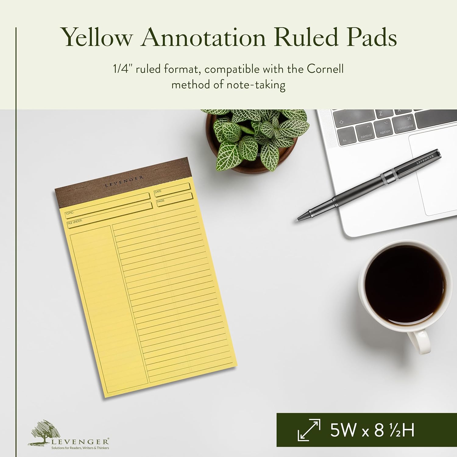Levenger Freeleaf Annotation Ruled Writing Pads Lined Notepad, Compatible with Cornell Note-Taking System, Pack of 5, Yellow, Junior