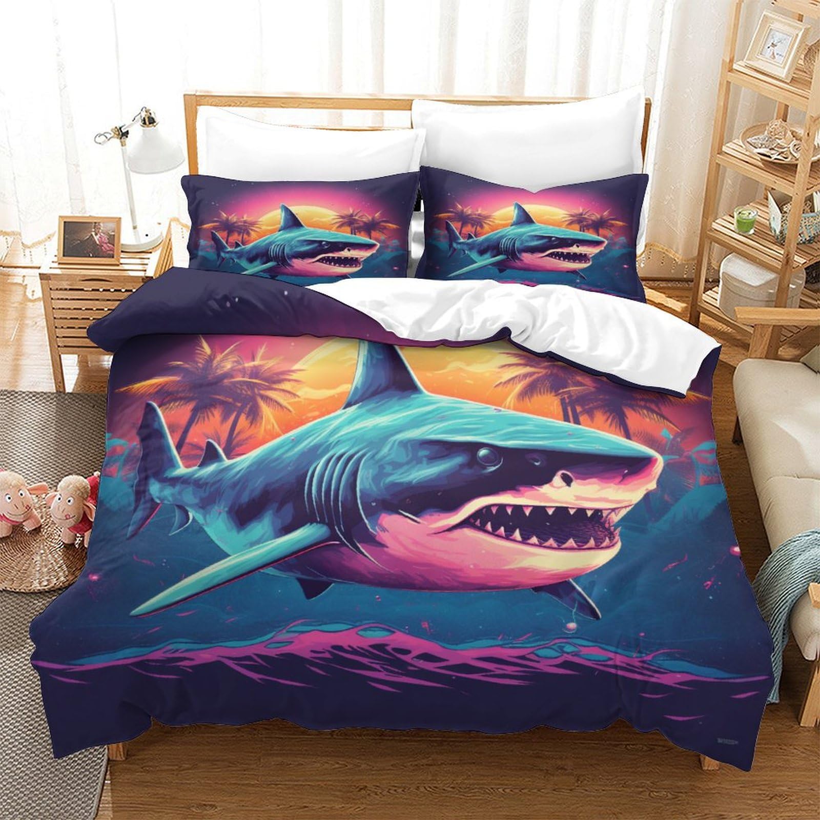 Parure de lit requin microfibre super douce housse de couette 3 pièces 260x220 taies d'oreiller