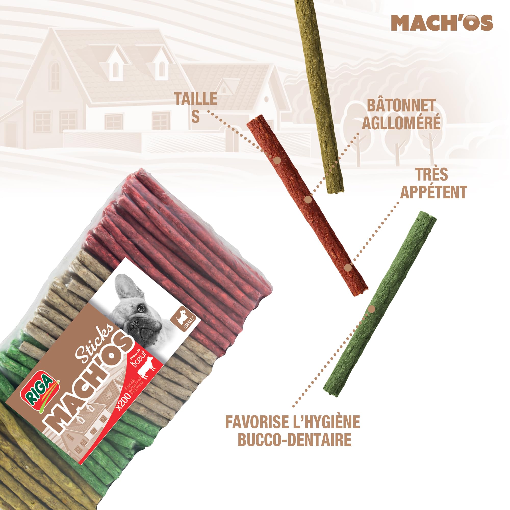 Riga - Mach'os - Bâtonnet Aggloméré - Friandise Chien - Peau De Buffle - Riche en Protéines - Hygiène Buccale - Mastication Et Récompense - pour Petit Chien - x 200